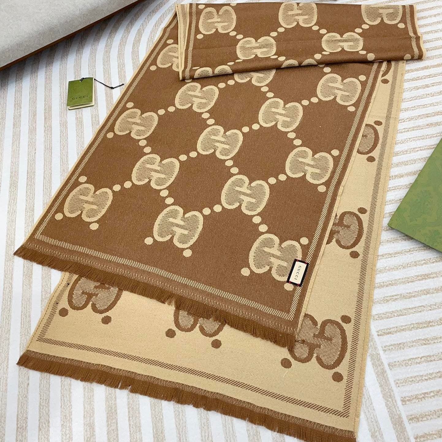 DOUBLE-SIDED SCARF 200 CM IN COFFEE AND TAN BROWN WOOL AND SILK 398287