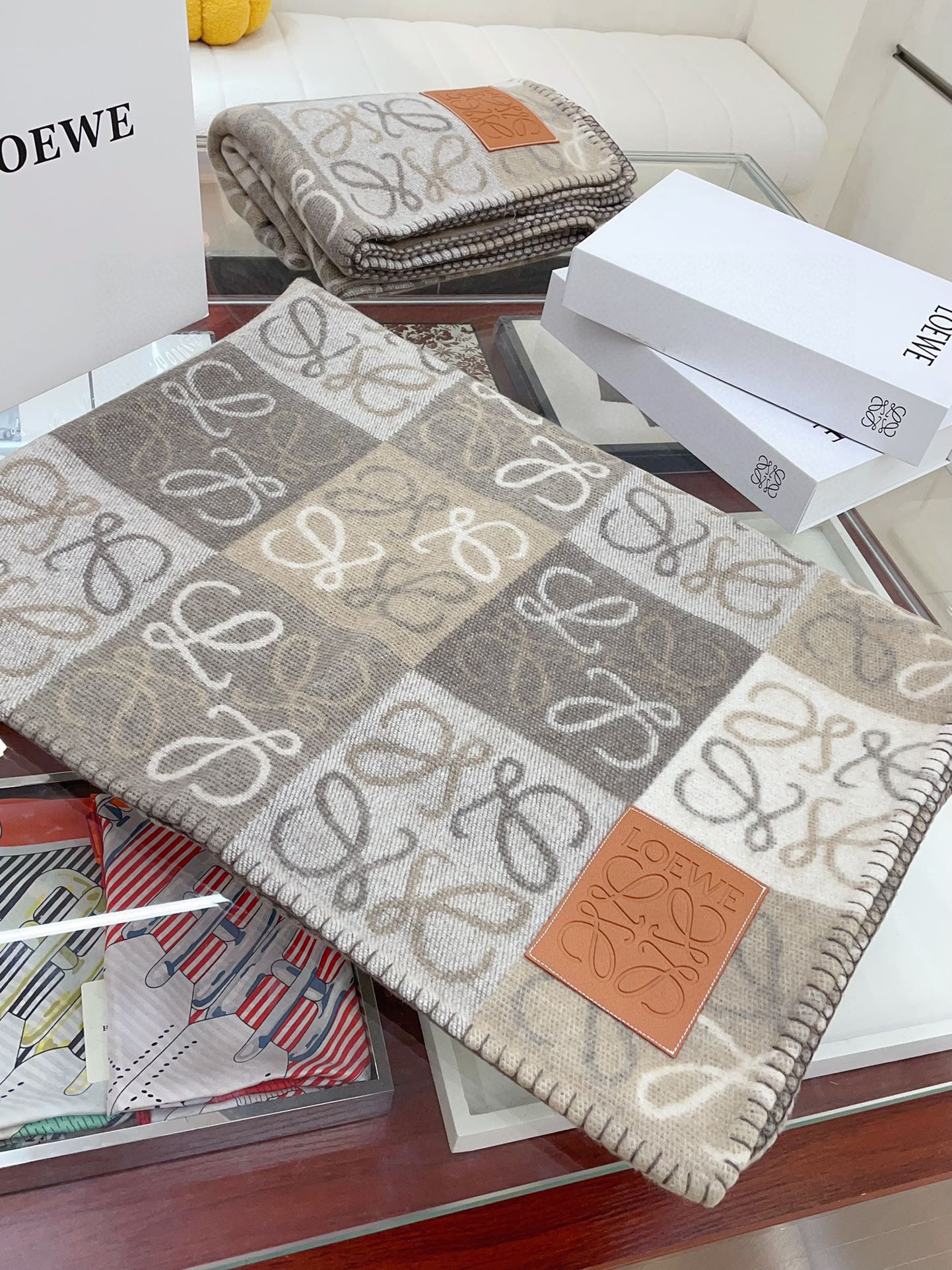 Loewe Checkerboard Blanket Grey Taupe Cream Wool Cashmere