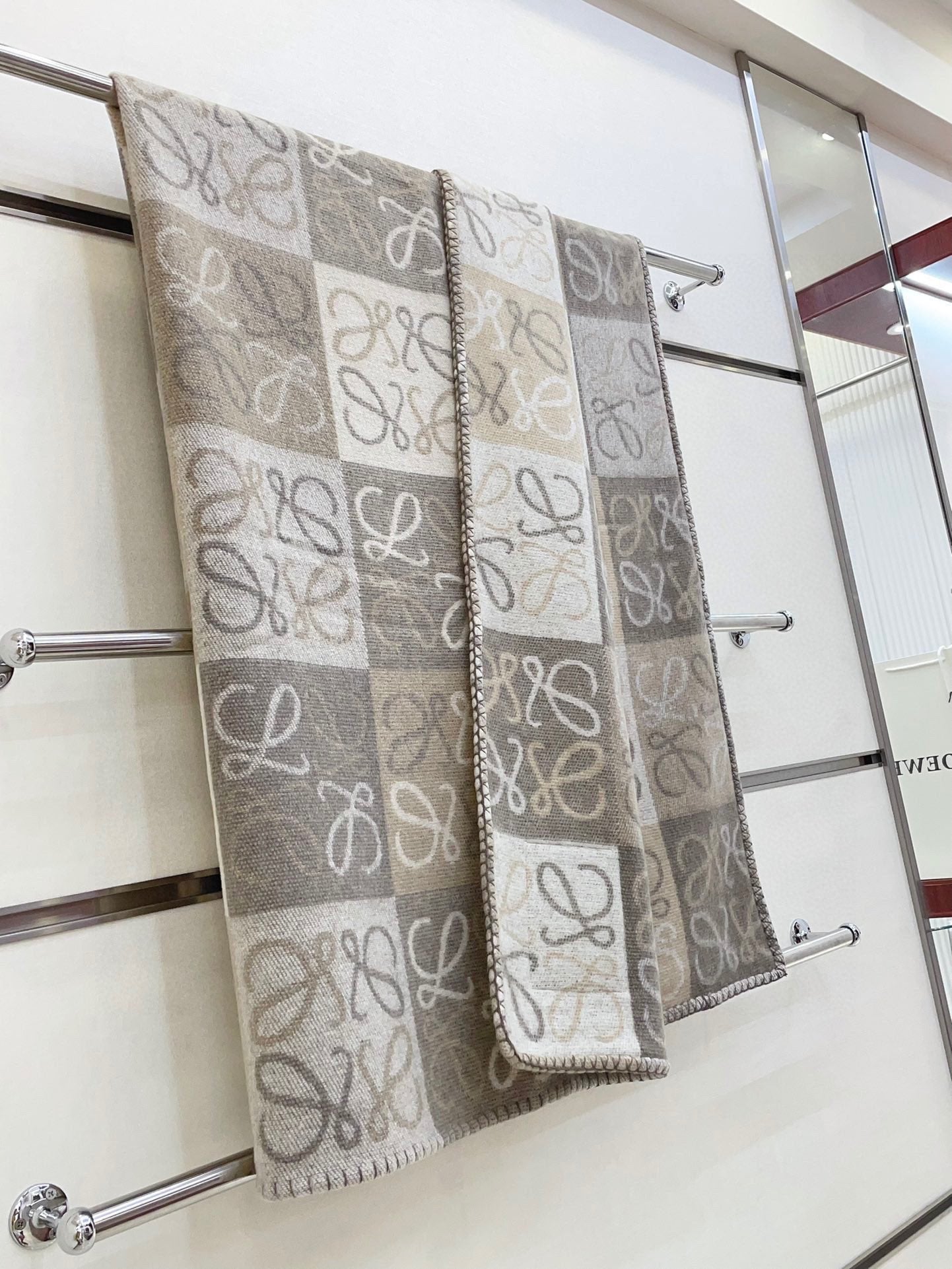 Loewe Checkerboard Blanket Grey Taupe Cream Wool Cashmere