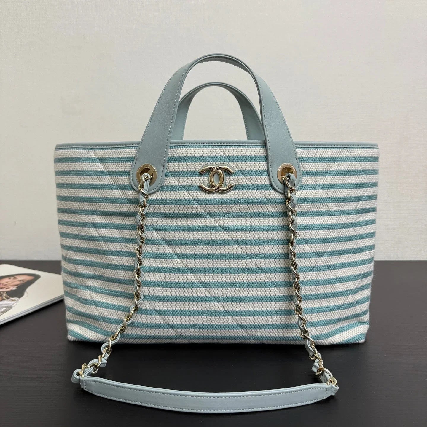 Chanel 26 Woven Beach Bag 46 White Light Blue Canvas Leather