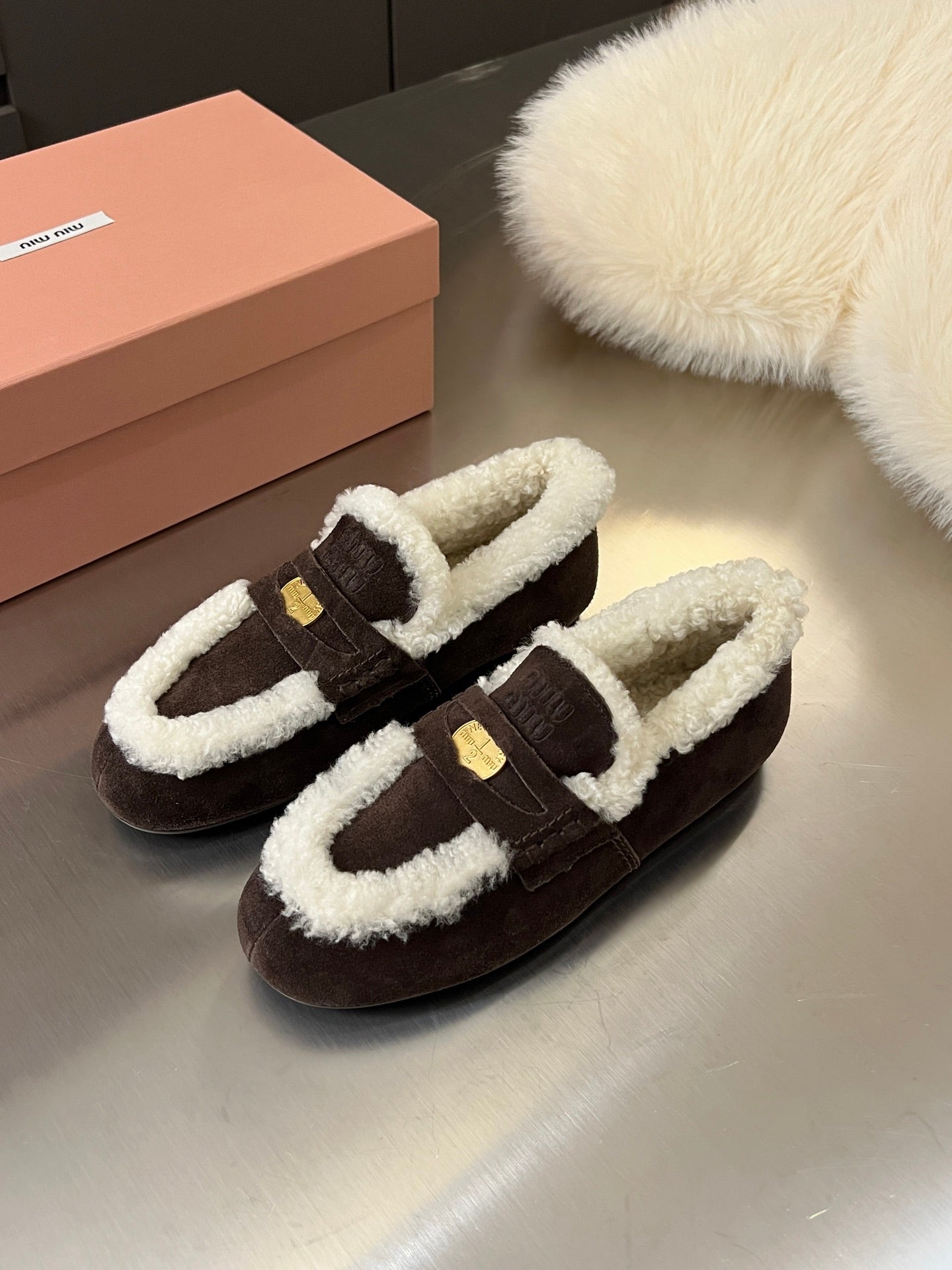 Miu Logo-Embossed Loafer Deep Neutral Suede Shearling 455916