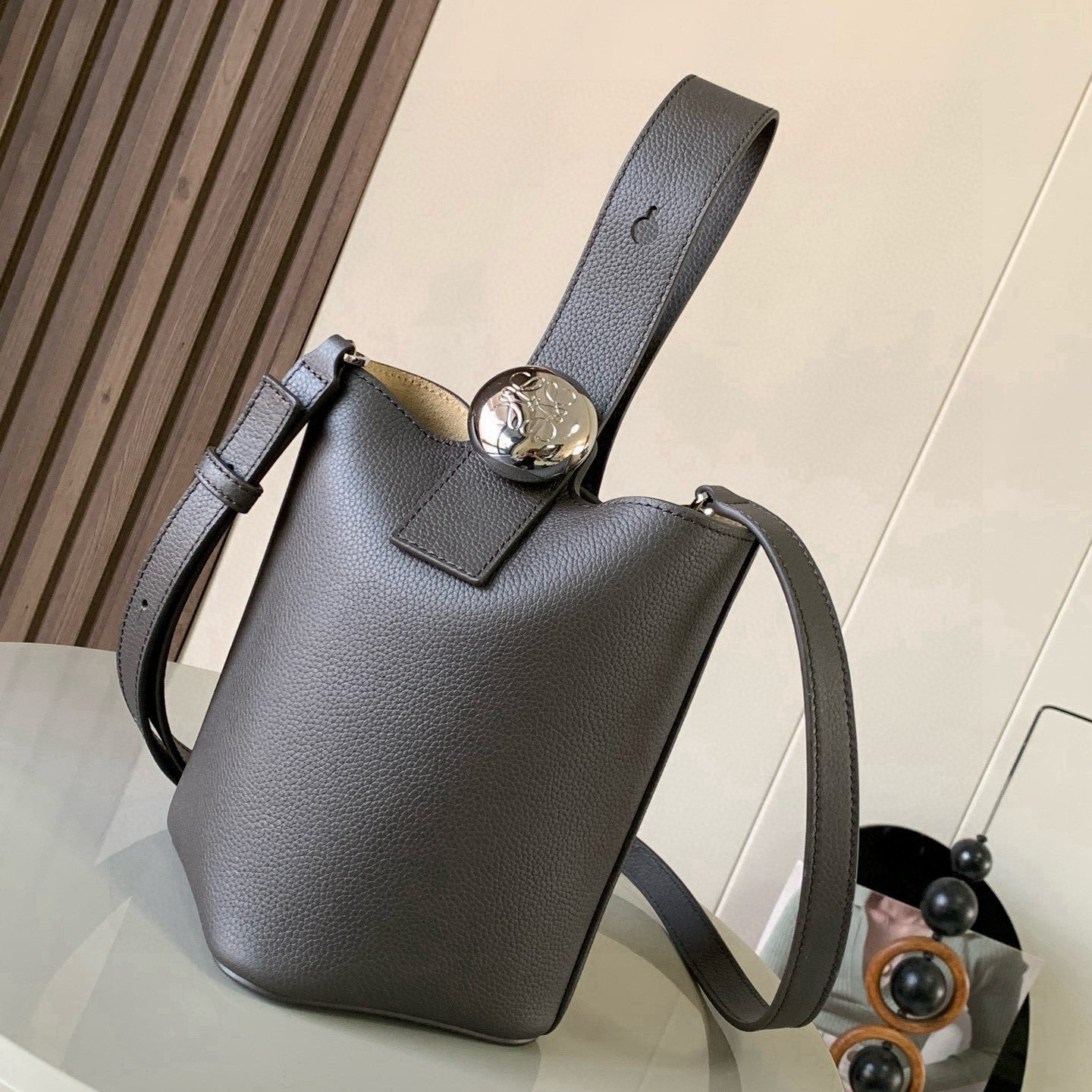 Loewe Mini Pebble Bucket Bag Taupe Grained Calfskin
