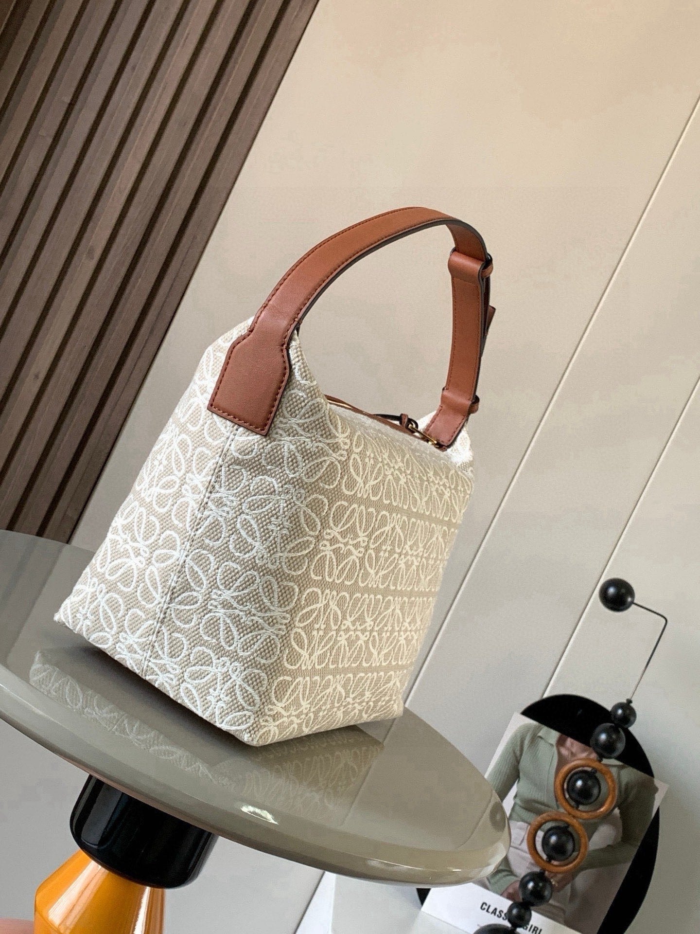 Loewe Cubi Anagram Bag 35cm Brown White Jacquard Cotton Calfskin