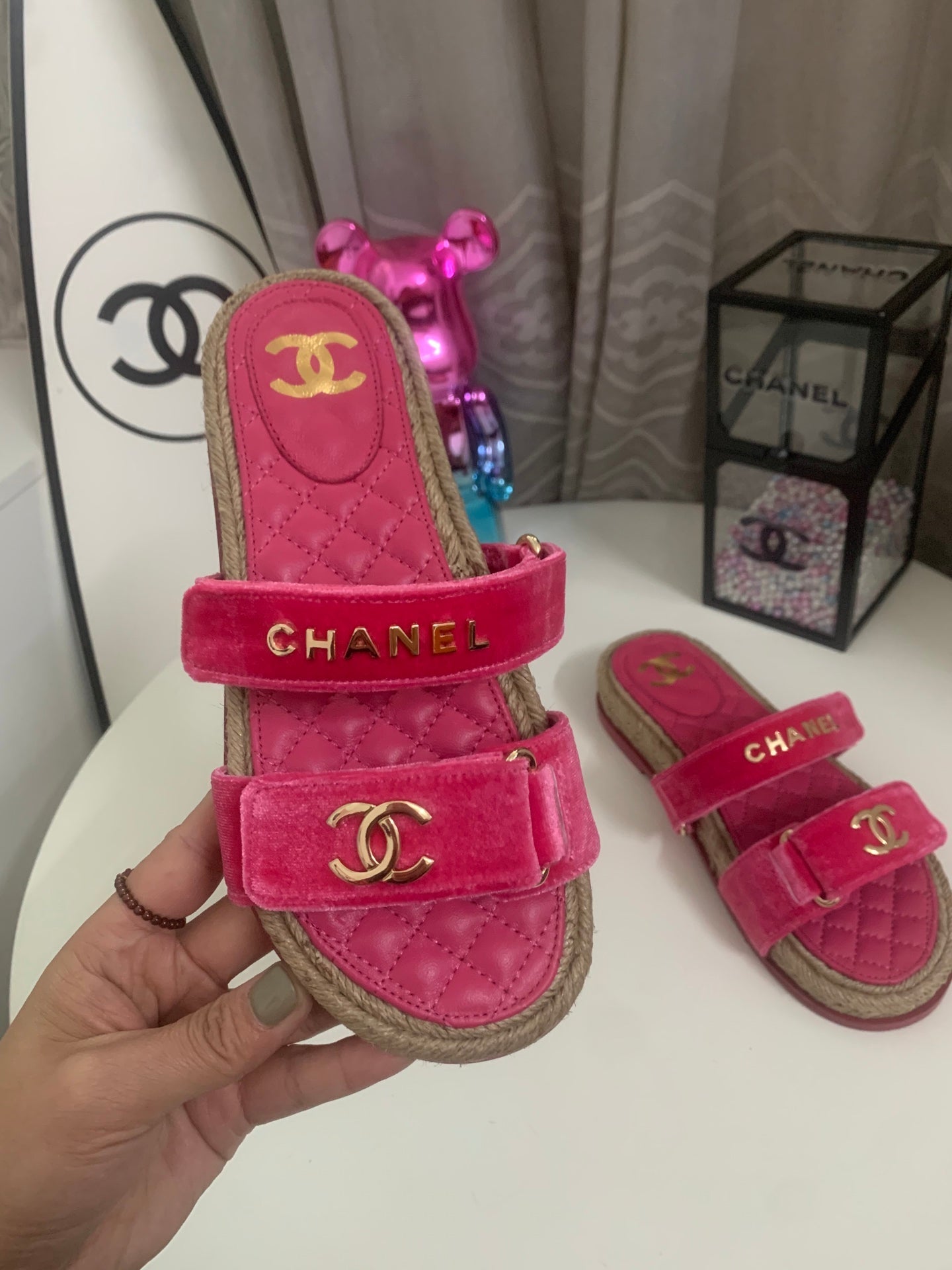 CC 26s Hemp Rope Platform Sandals Hot Pink Quited Sheepskin Velvet 862300