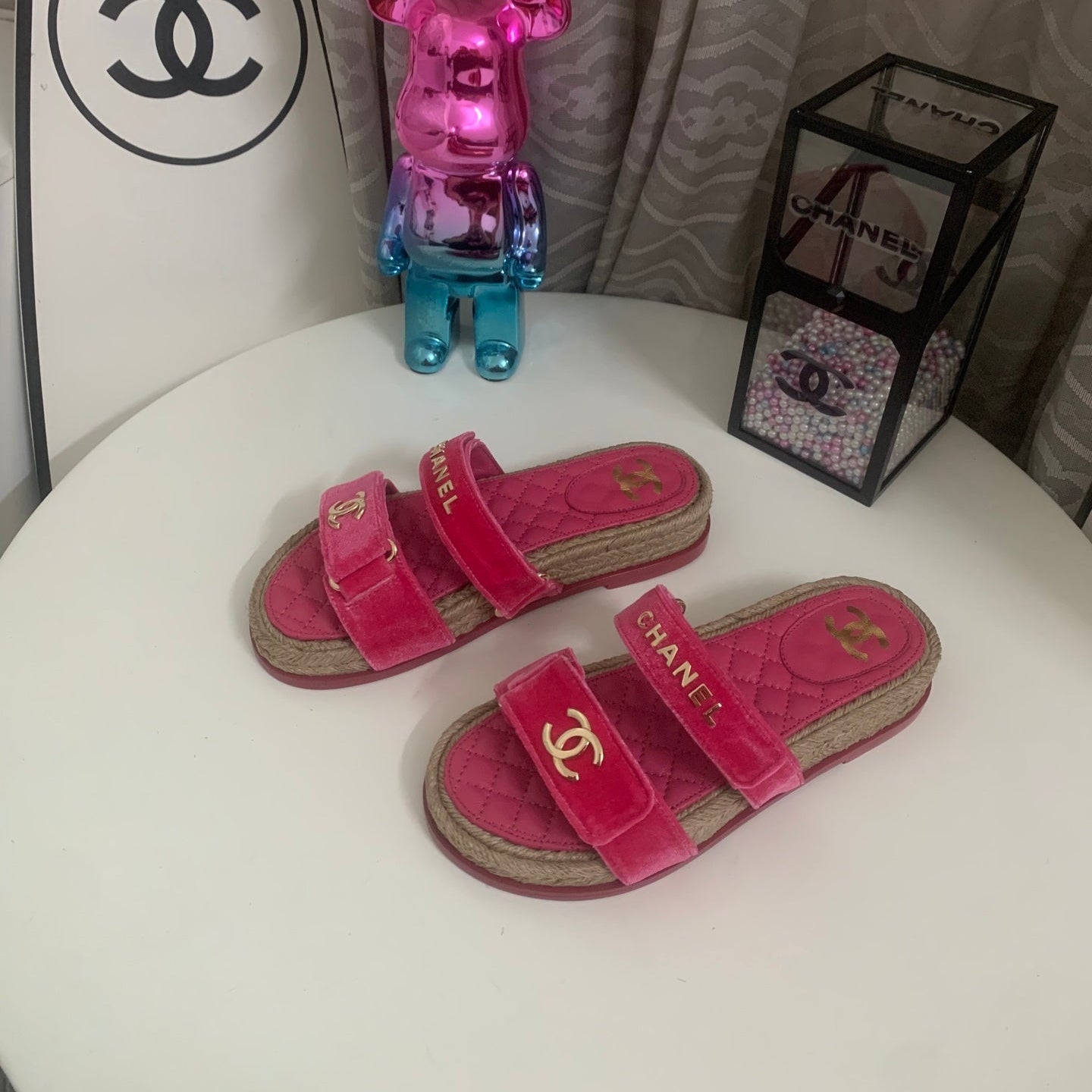 CC 26s Hemp Rope Platform Sandals Hot Pink Quited Sheepskin Velvet 862300