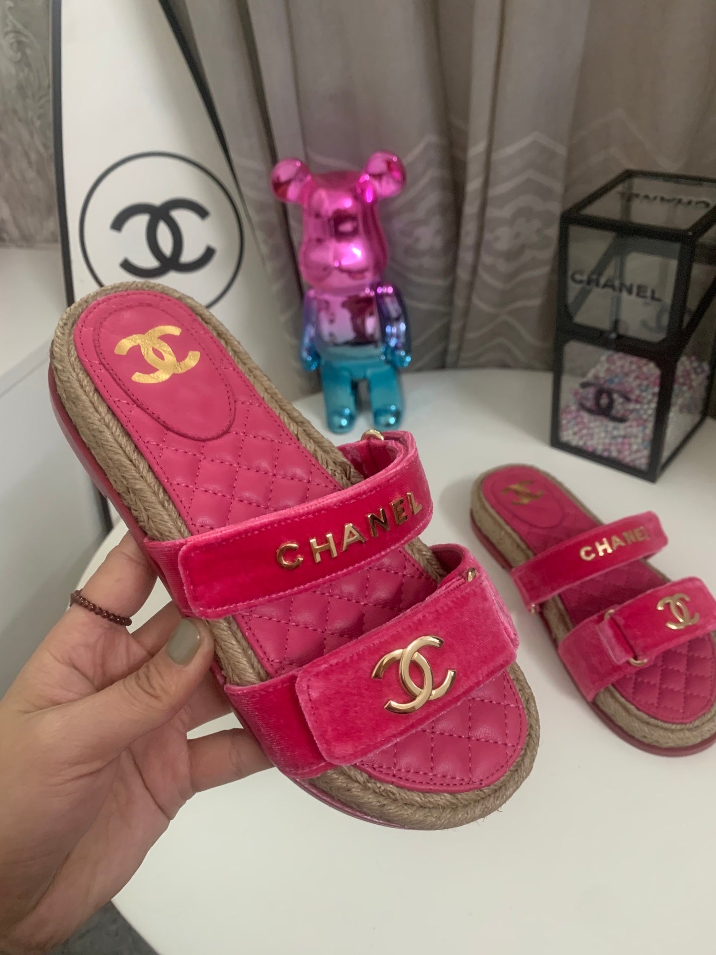 CC 26s Hemp Rope Platform Sandals Hot Pink Quited Sheepskin Velvet 862300
