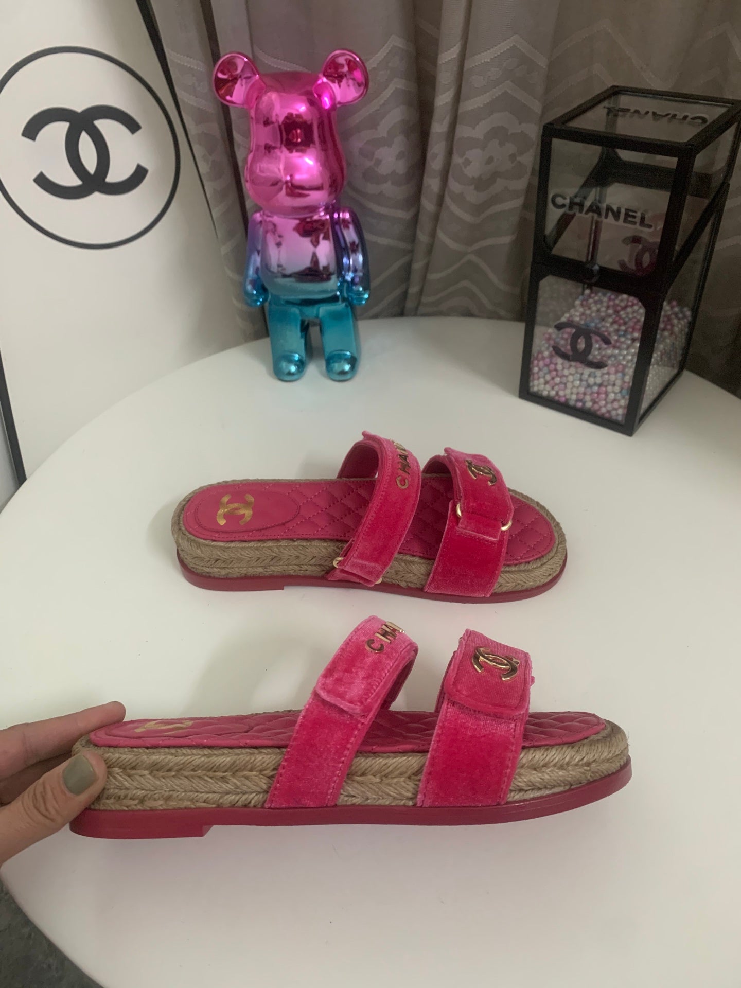 CC 26s Hemp Rope Platform Sandals Hot Pink Quited Sheepskin Velvet 862300