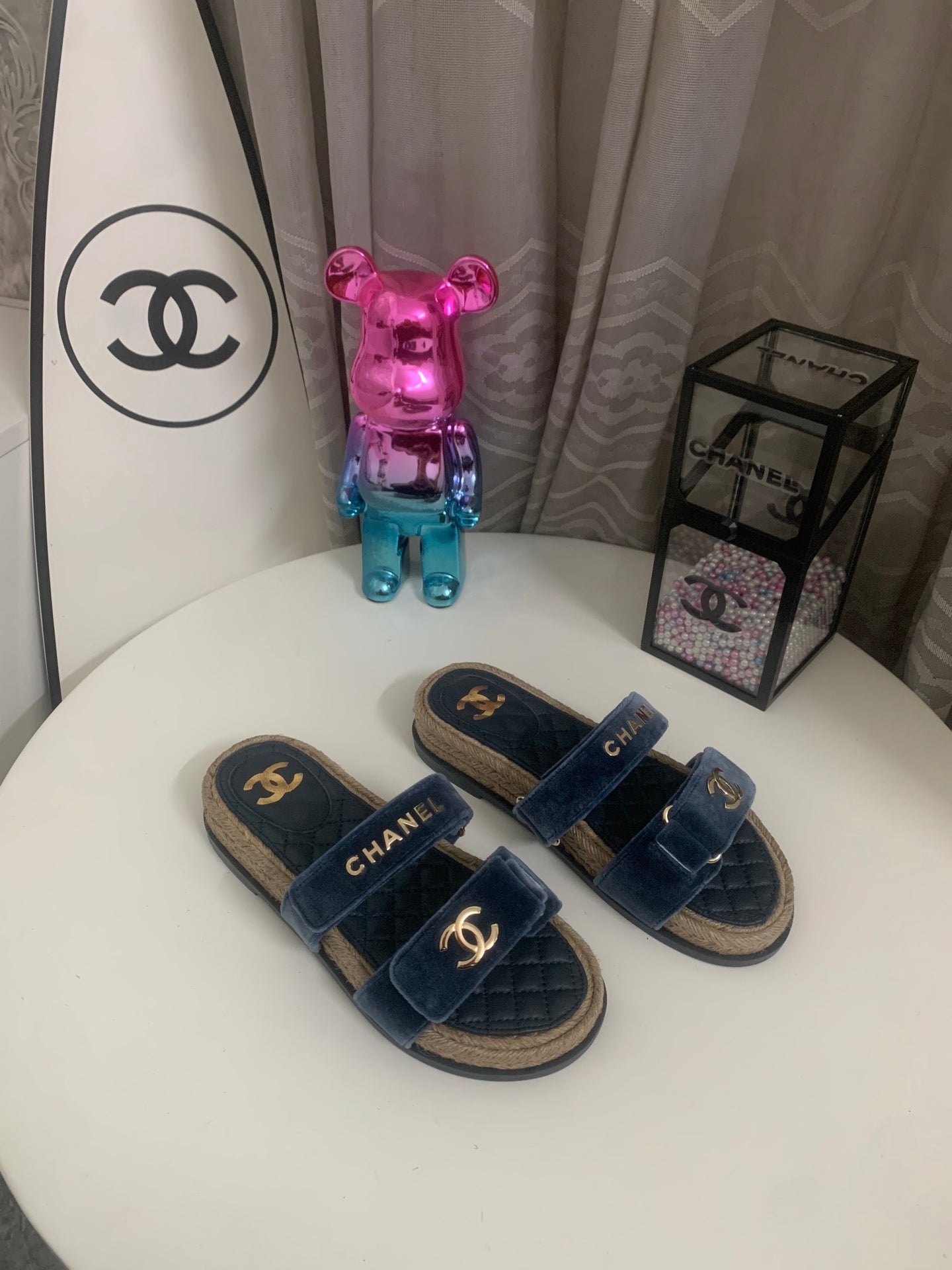 CC 26s Hemp Rope Platform Sandals Navy Blue Quited Sheepskin Velvet 862301