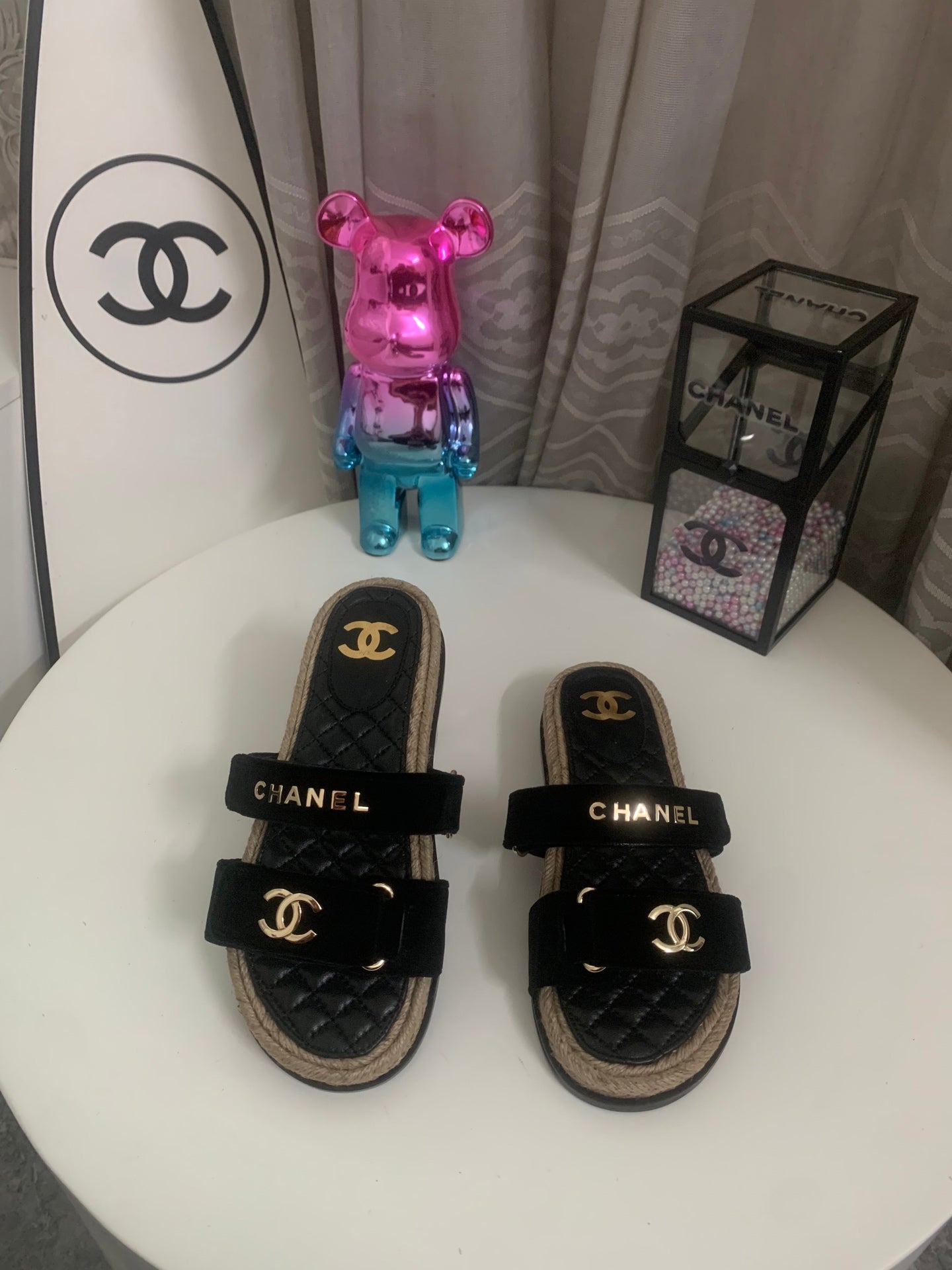 CC 26s Hemp Rope Platform Sandals Black Quited Sheepskin Velvet 862302
