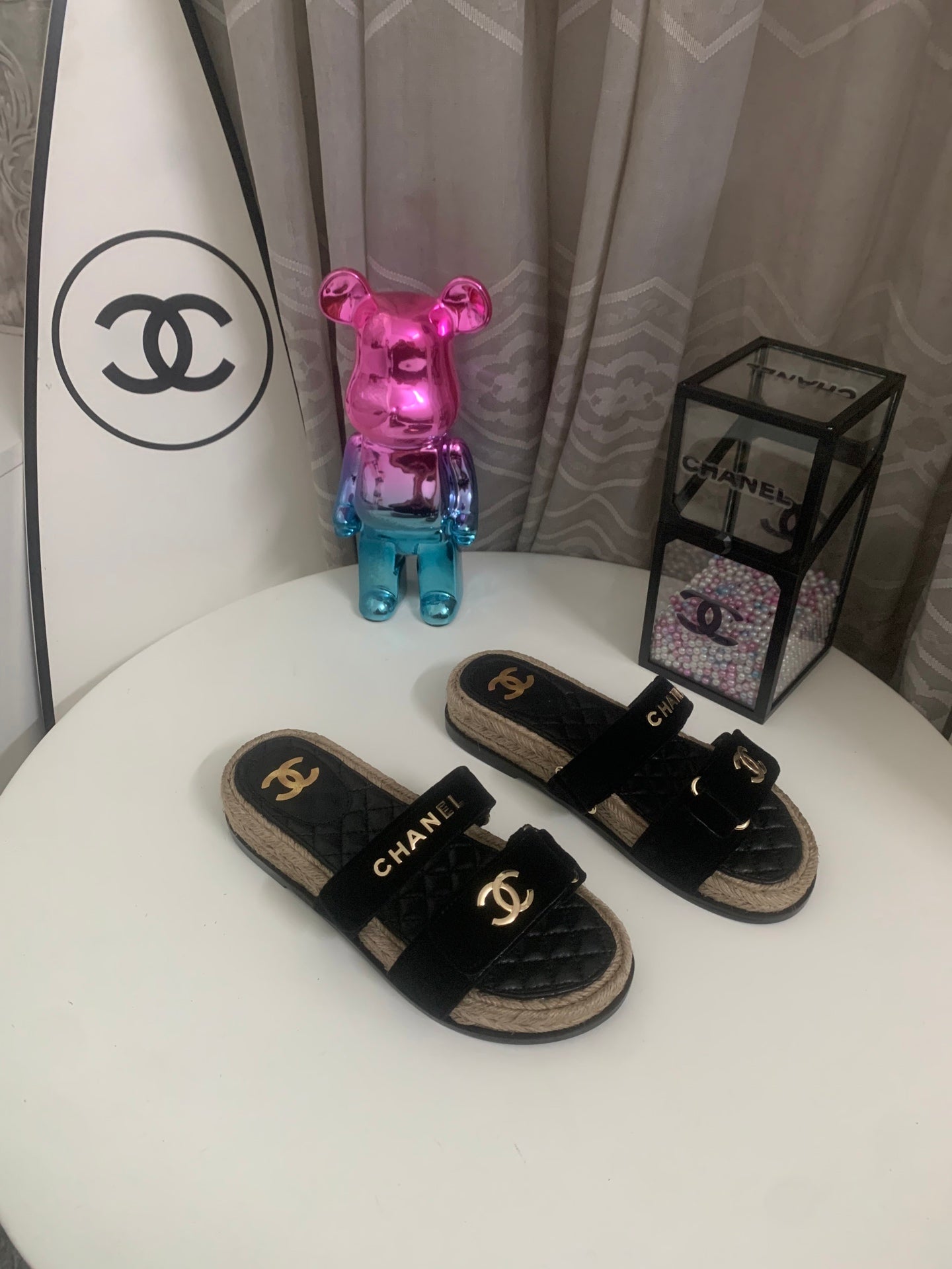 CC 26s Hemp Rope Platform Sandals Black Quited Sheepskin Velvet 862302