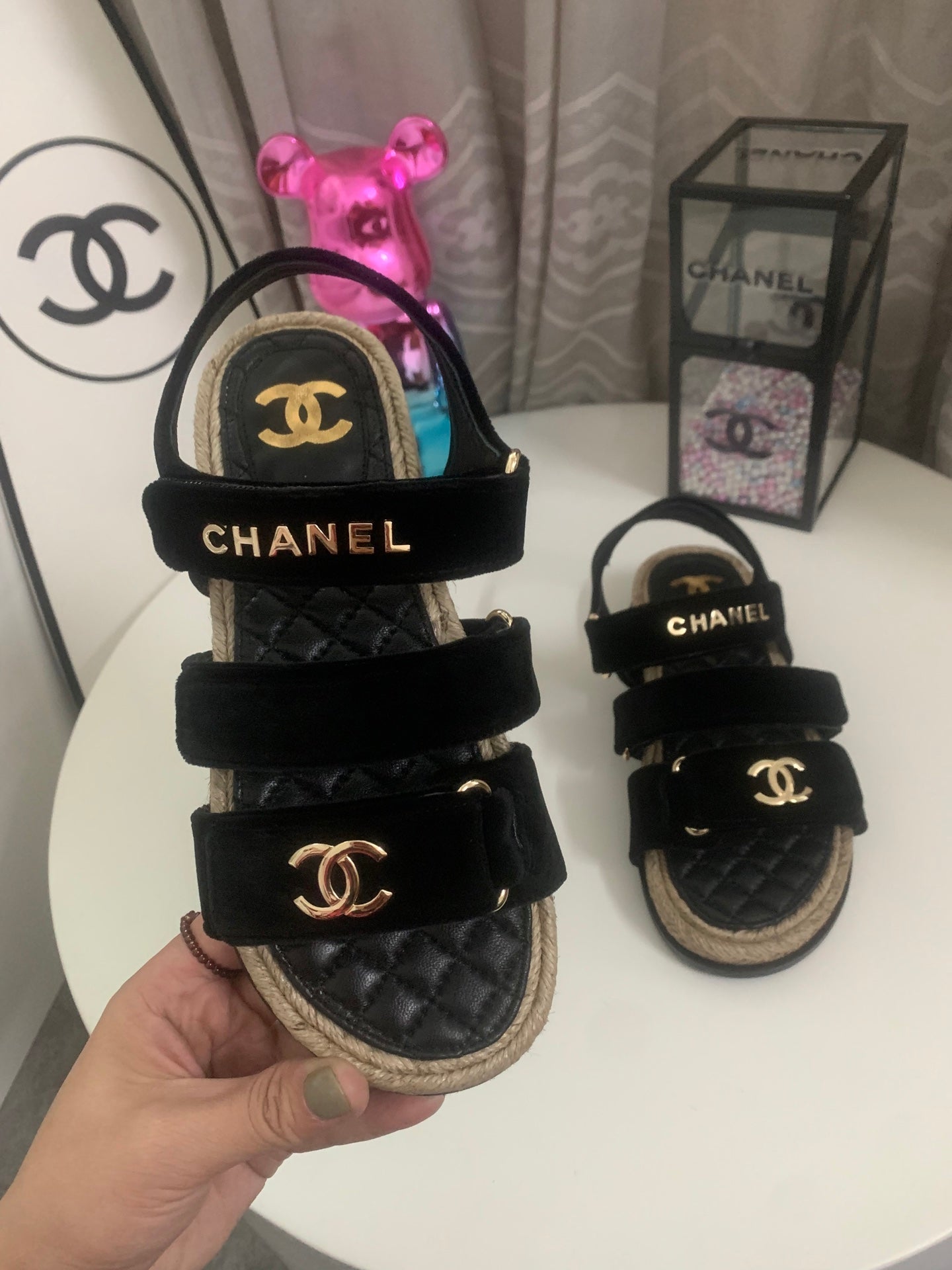 CC 26s Strappy Sandals In Black Velvet With Rope Sole Gold Hardware