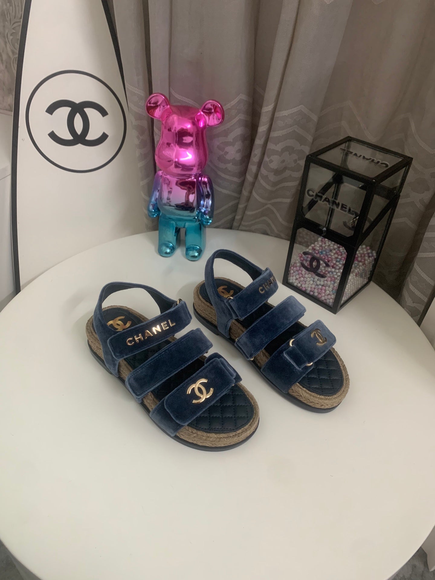 CC 26s Strappy Sandals In Navy Blue Velvet With Rope Sole Gold Hardware