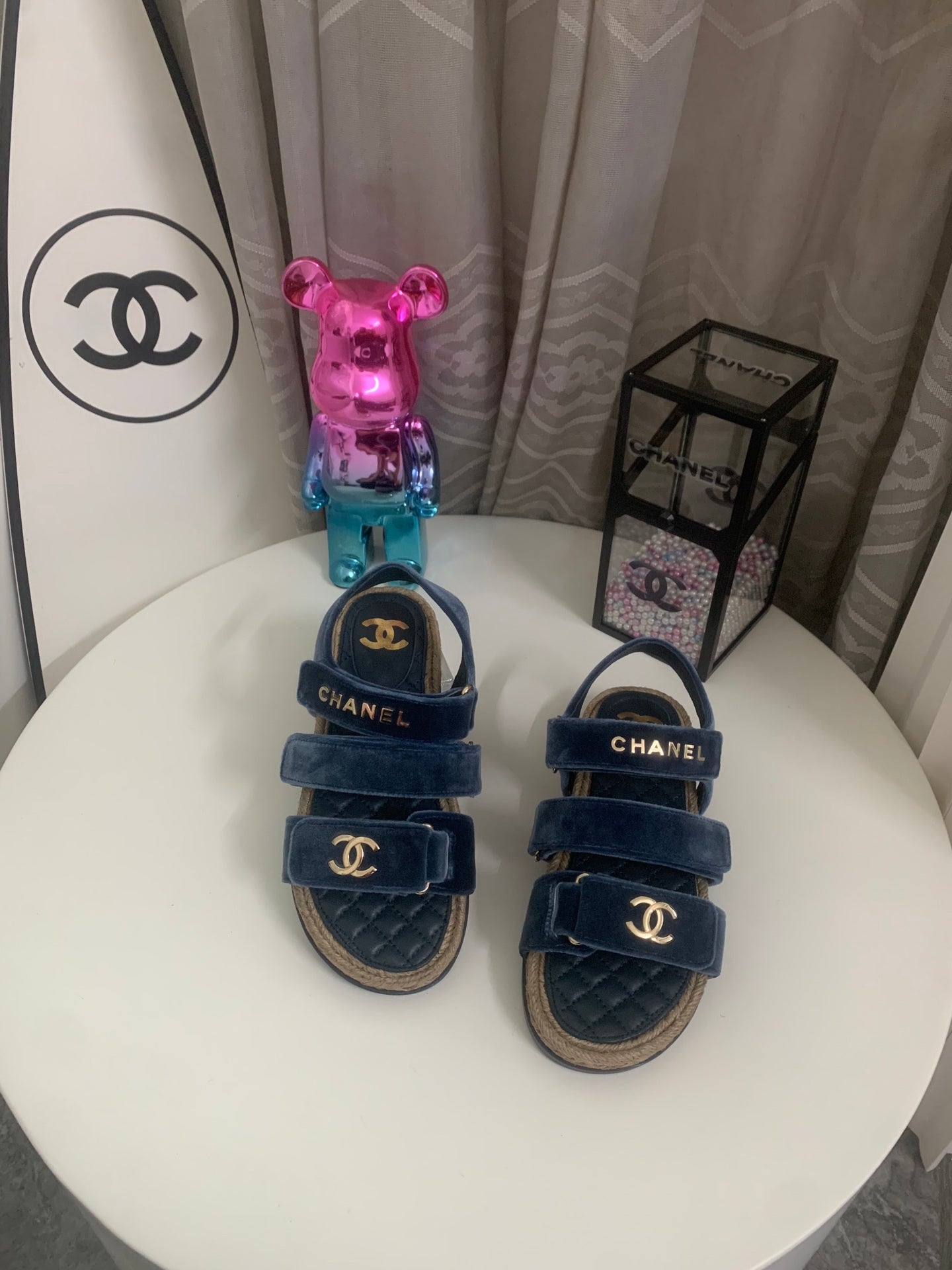 CC 26s Strappy Sandals In Navy Blue Velvet With Rope Sole Gold Hardware