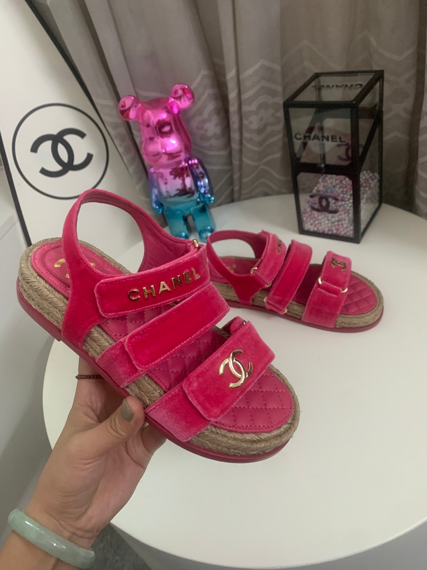 CC 26s Strappy Sandals In Pink Velvet With Rope Sole Gold Hardware