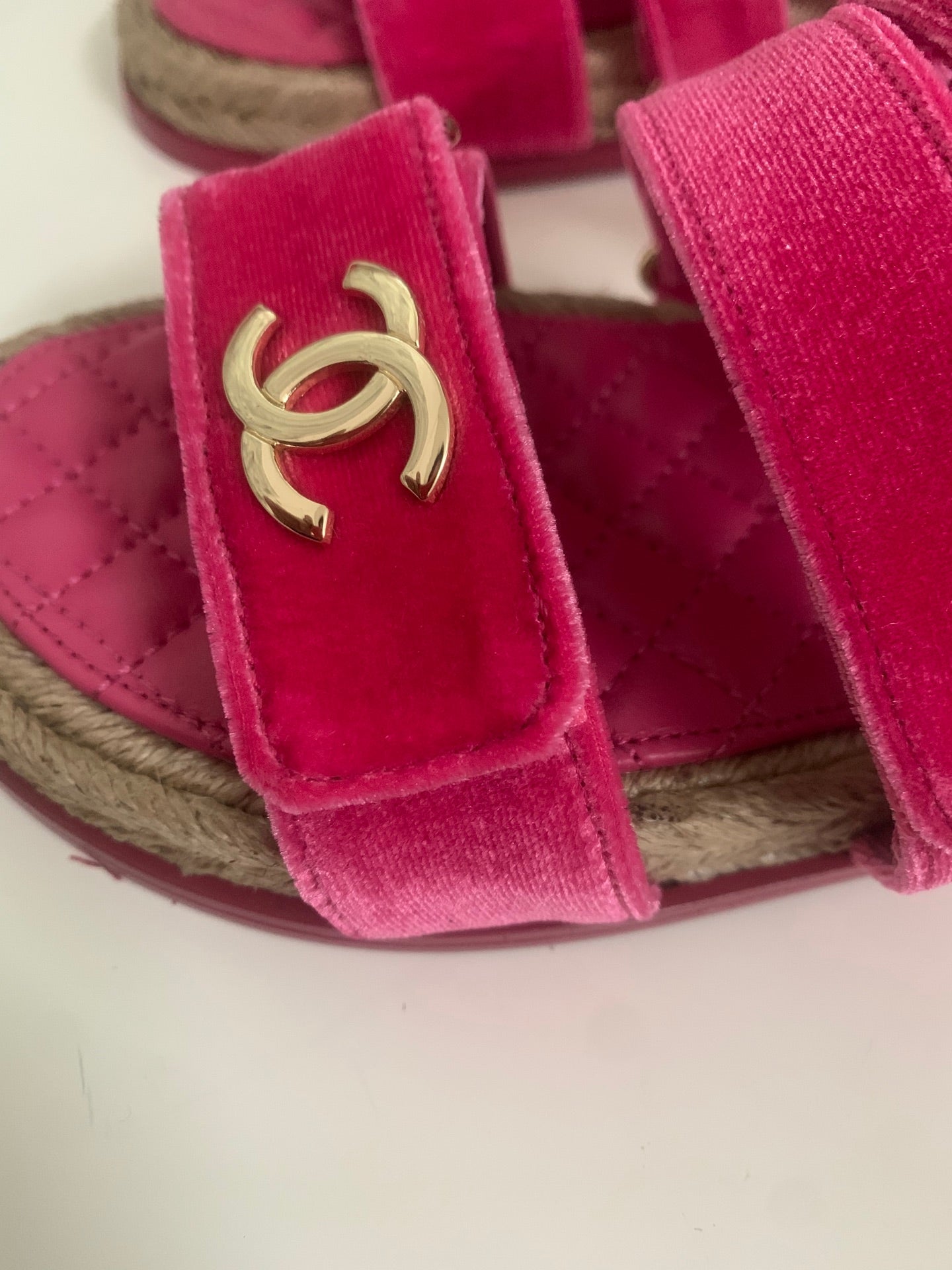 CC 26s Strappy Sandals In Pink Velvet With Rope Sole Gold Hardware