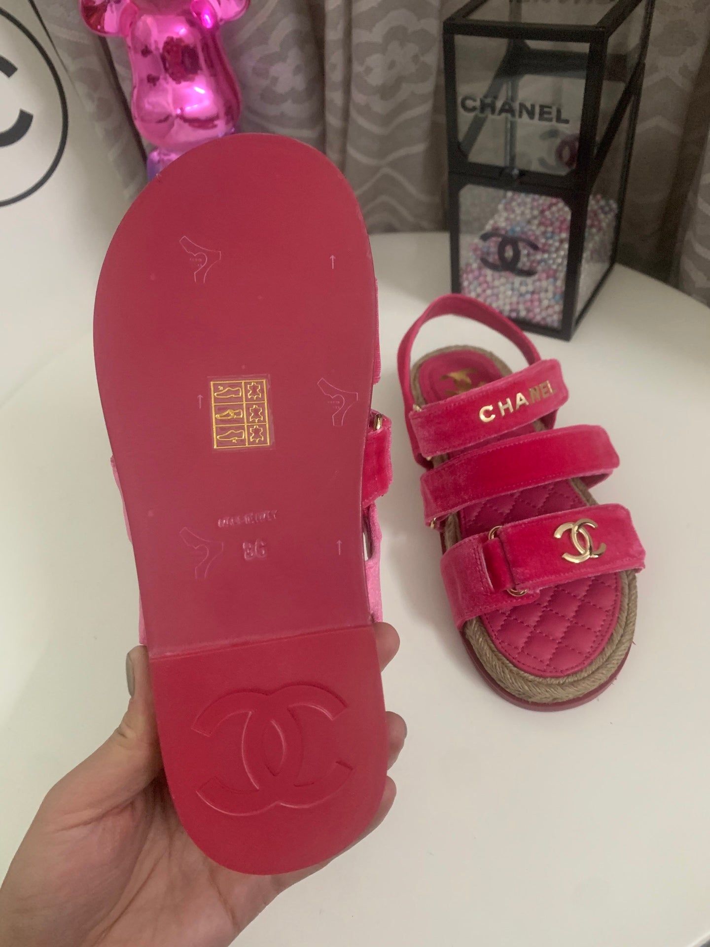 CC 26s Strappy Sandals In Pink Velvet With Rope Sole Gold Hardware