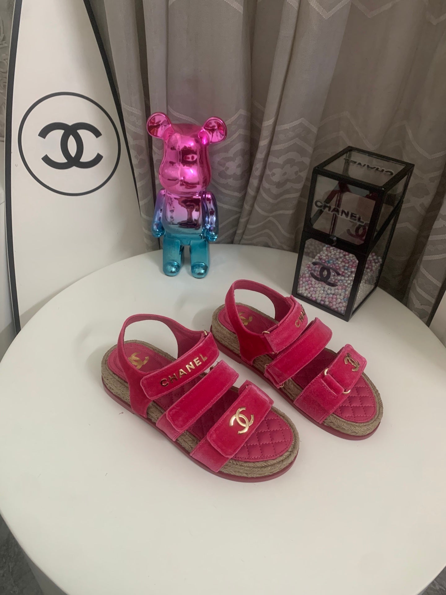CC 26s Strappy Sandals In Pink Velvet With Rope Sole Gold Hardware