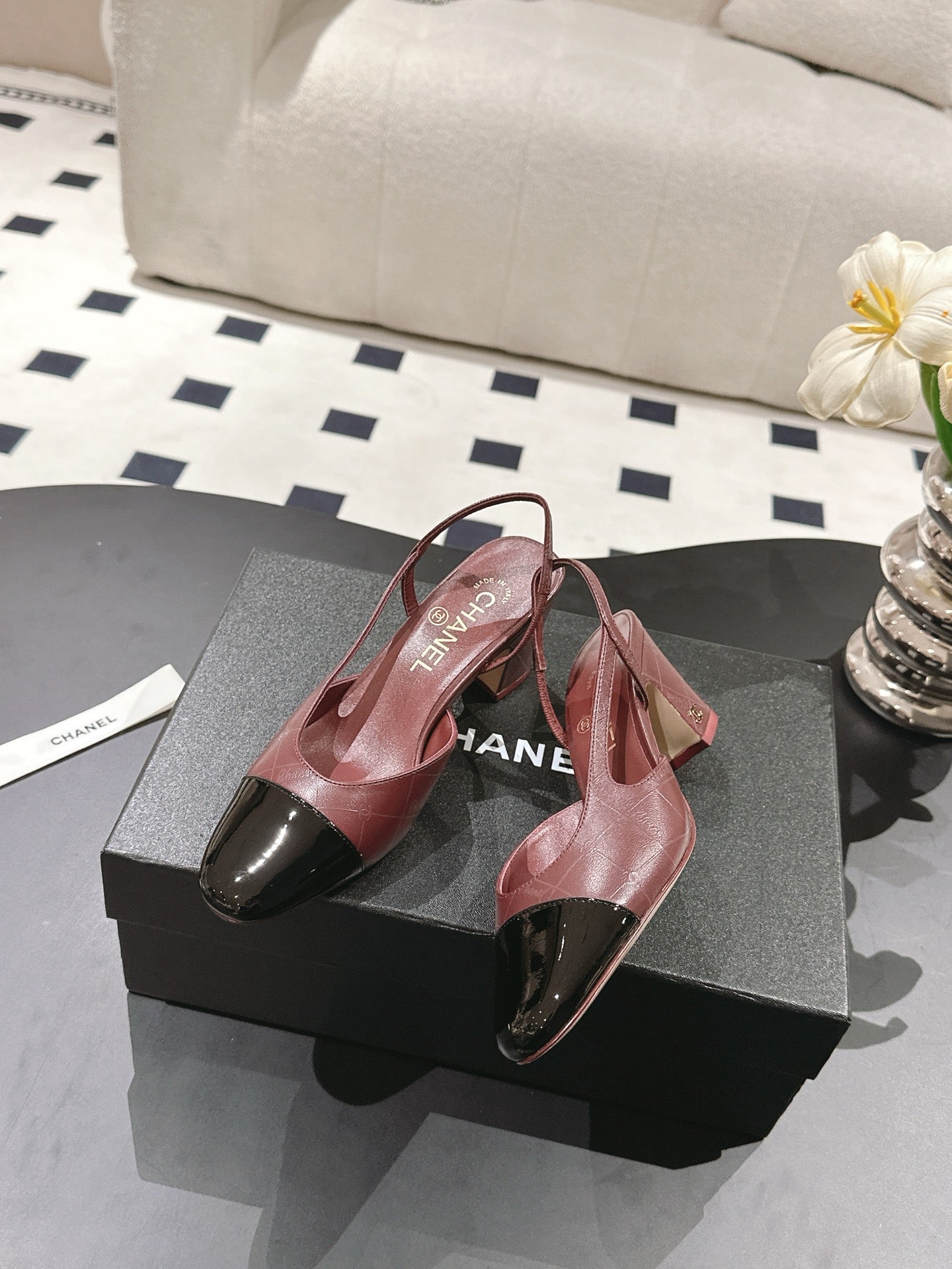 cc 25c slingback 55mm cross line pattern burgundy lambskin 237488