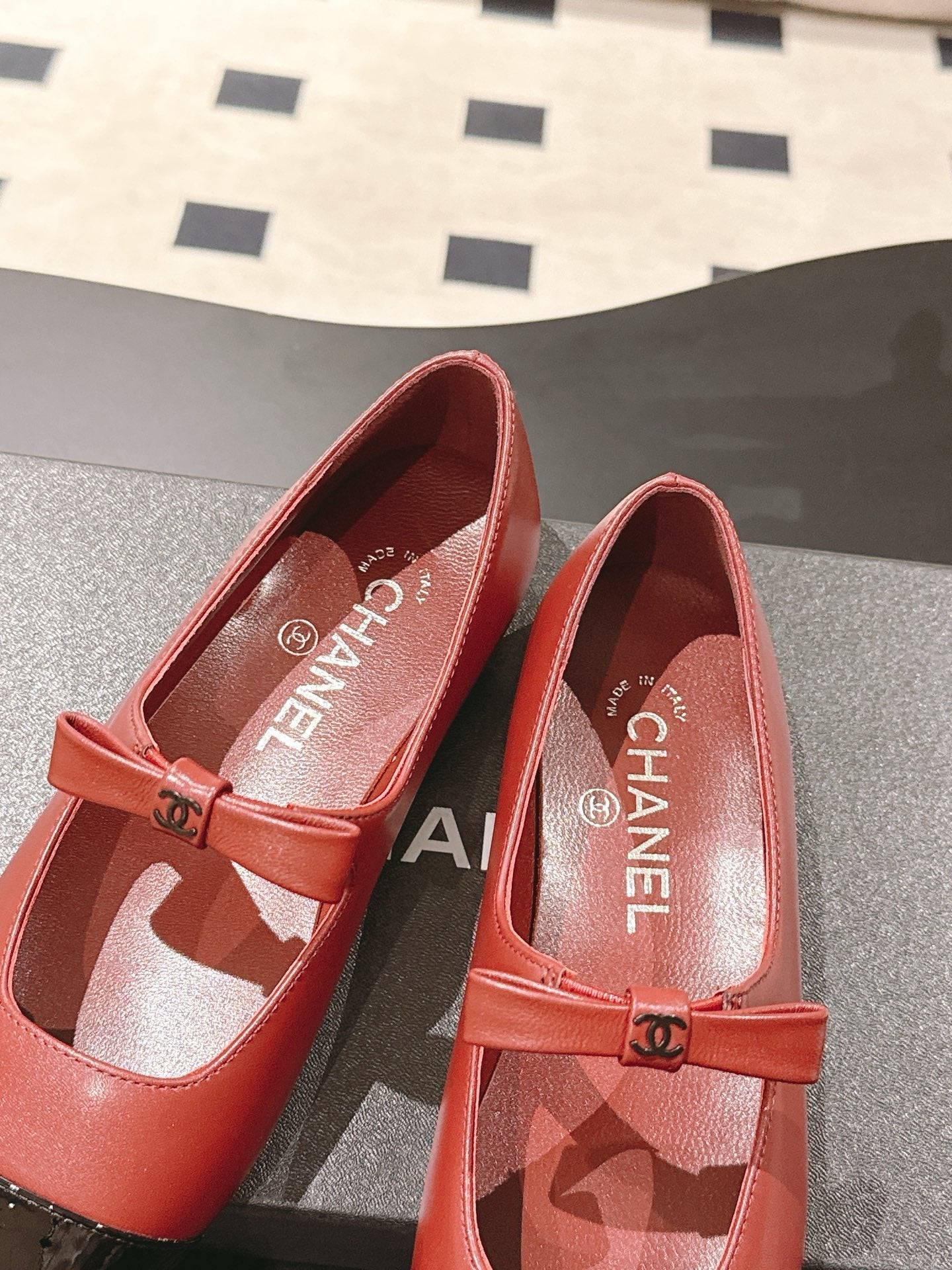 CC 25B Small Bow Buckle Ballet Flats 10mm Black Red Sheepskin Patent Leather 415748