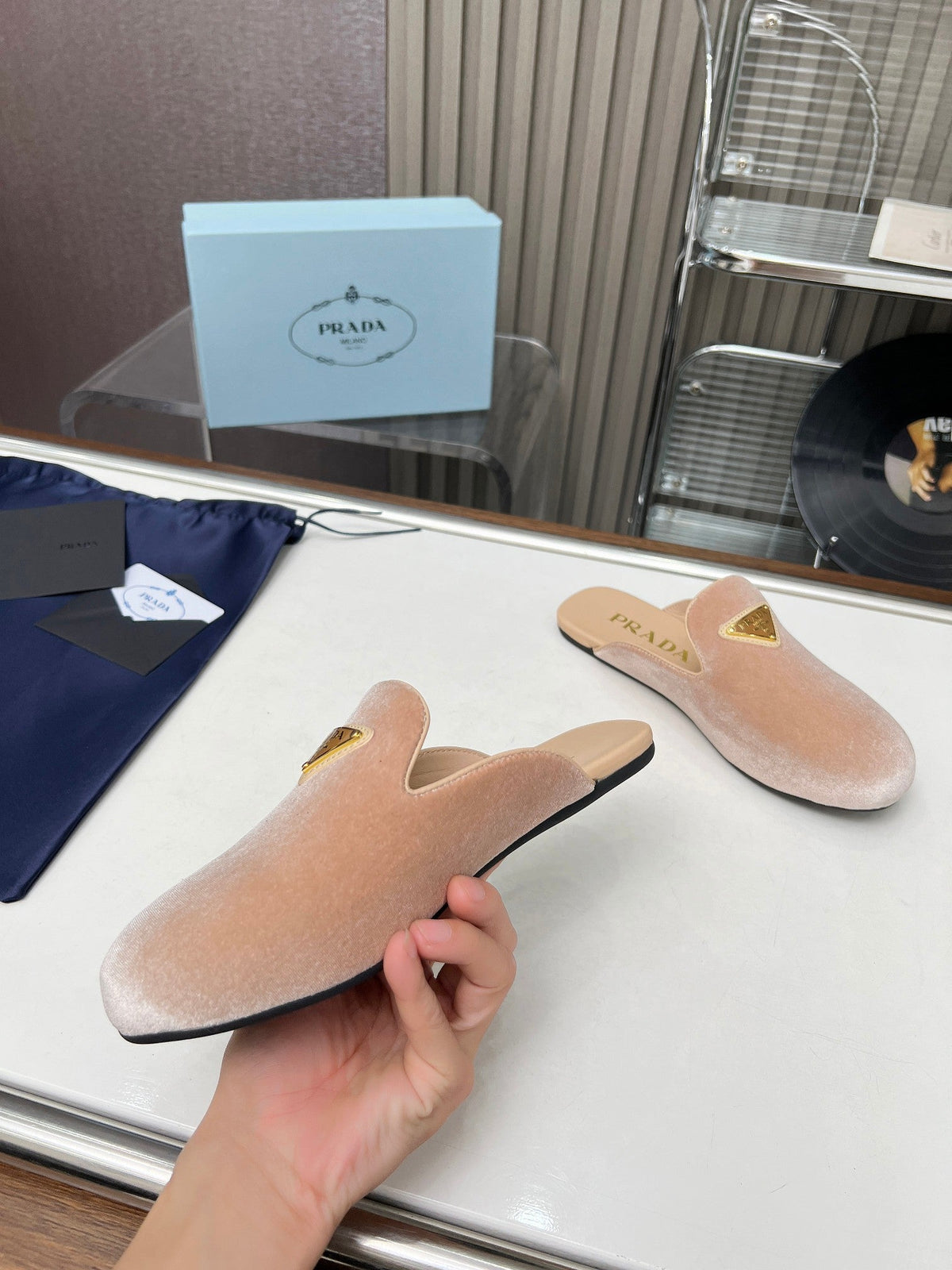 Prada 26s Velvet Mules Beige Velvet 140369