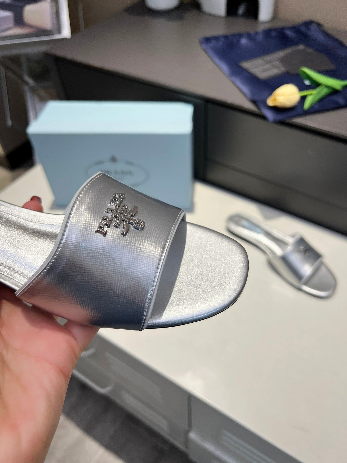 Prada 26s Slide Sandals Silver Saffiano 140508