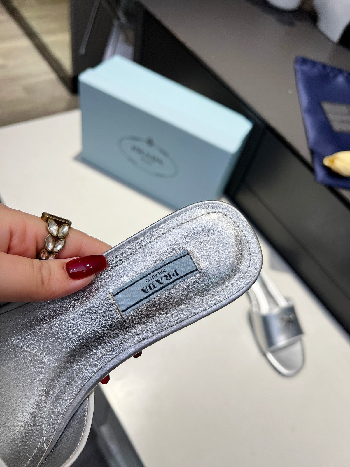 Prada 26s Slide Sandals Silver Saffiano 140508