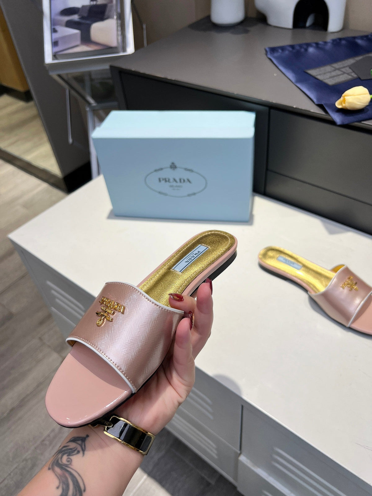 Prada 26s Slide Sandals Metallic Pink Saffiano 140510