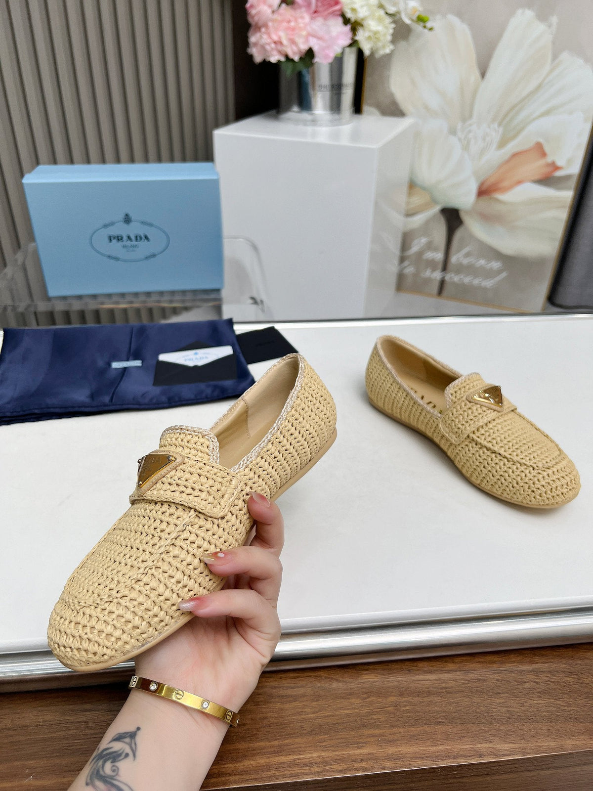 Prada 26s Crochet Loafers Beige Raffia 140630