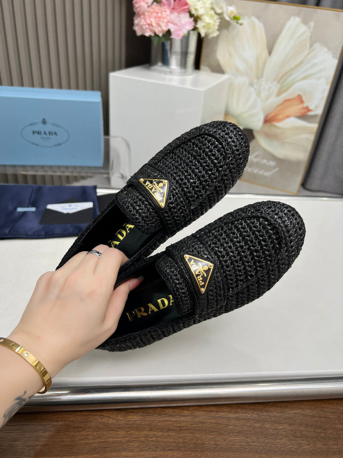 Prada 26s Crochet Loafers Black Raffia 140631