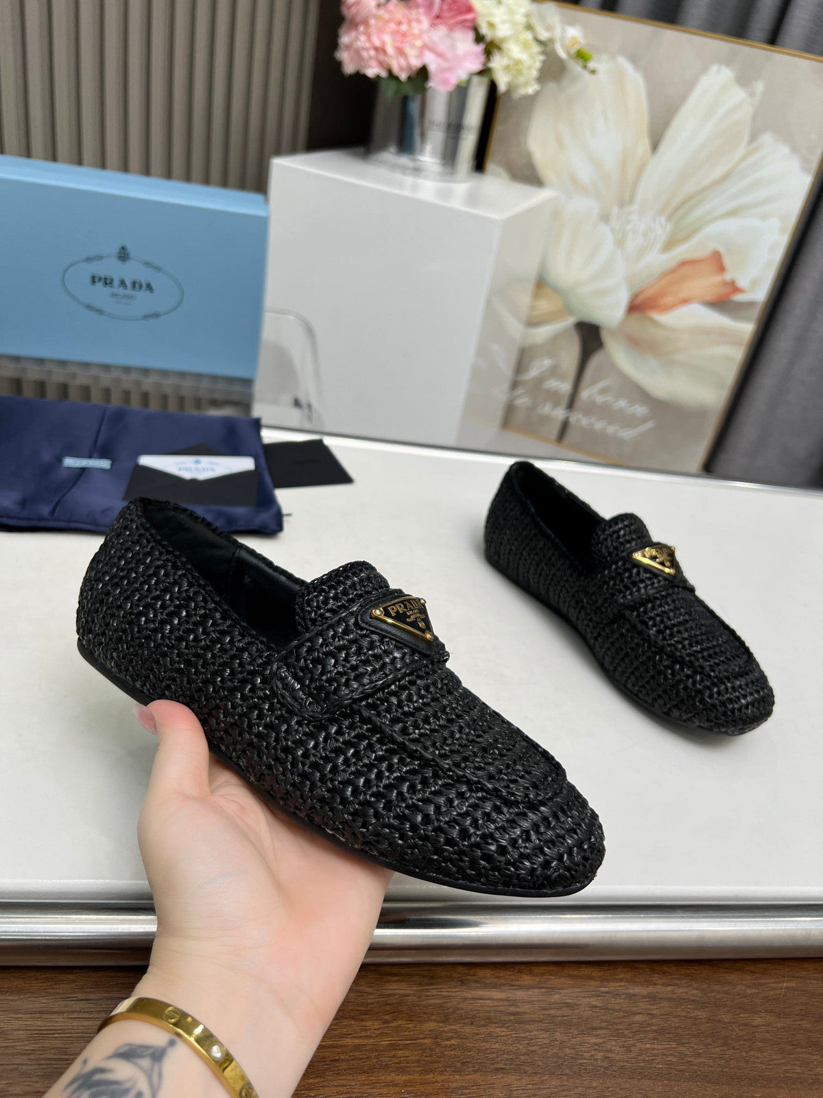 Prada 26s Crochet Loafers Black Raffia 140631