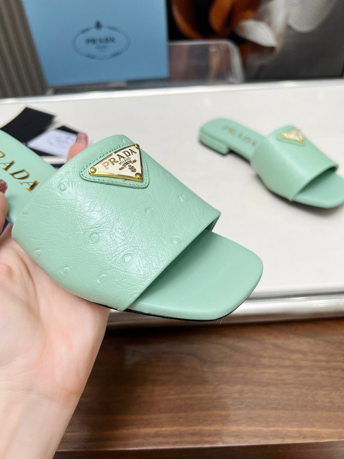 Prada 26s Slide Sandals Green Ostrich Leather 140498