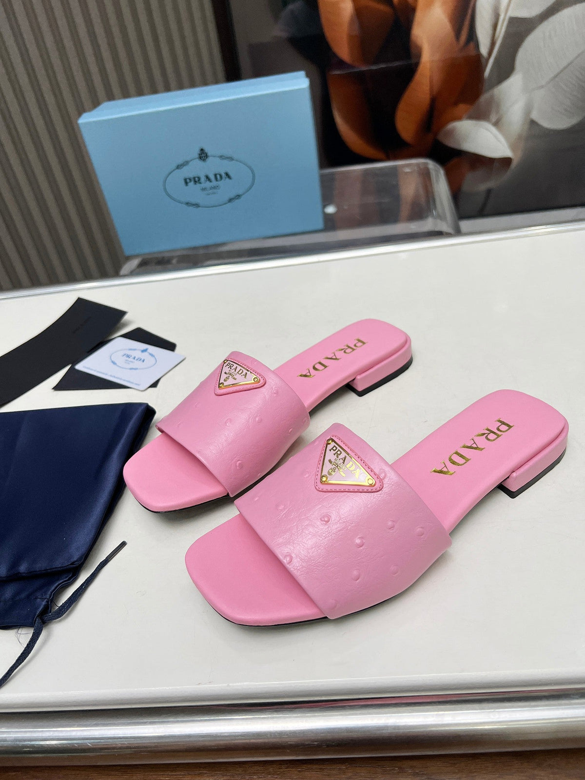 Prada 26s Slide Sandals Pink Ostrich Leather 140499