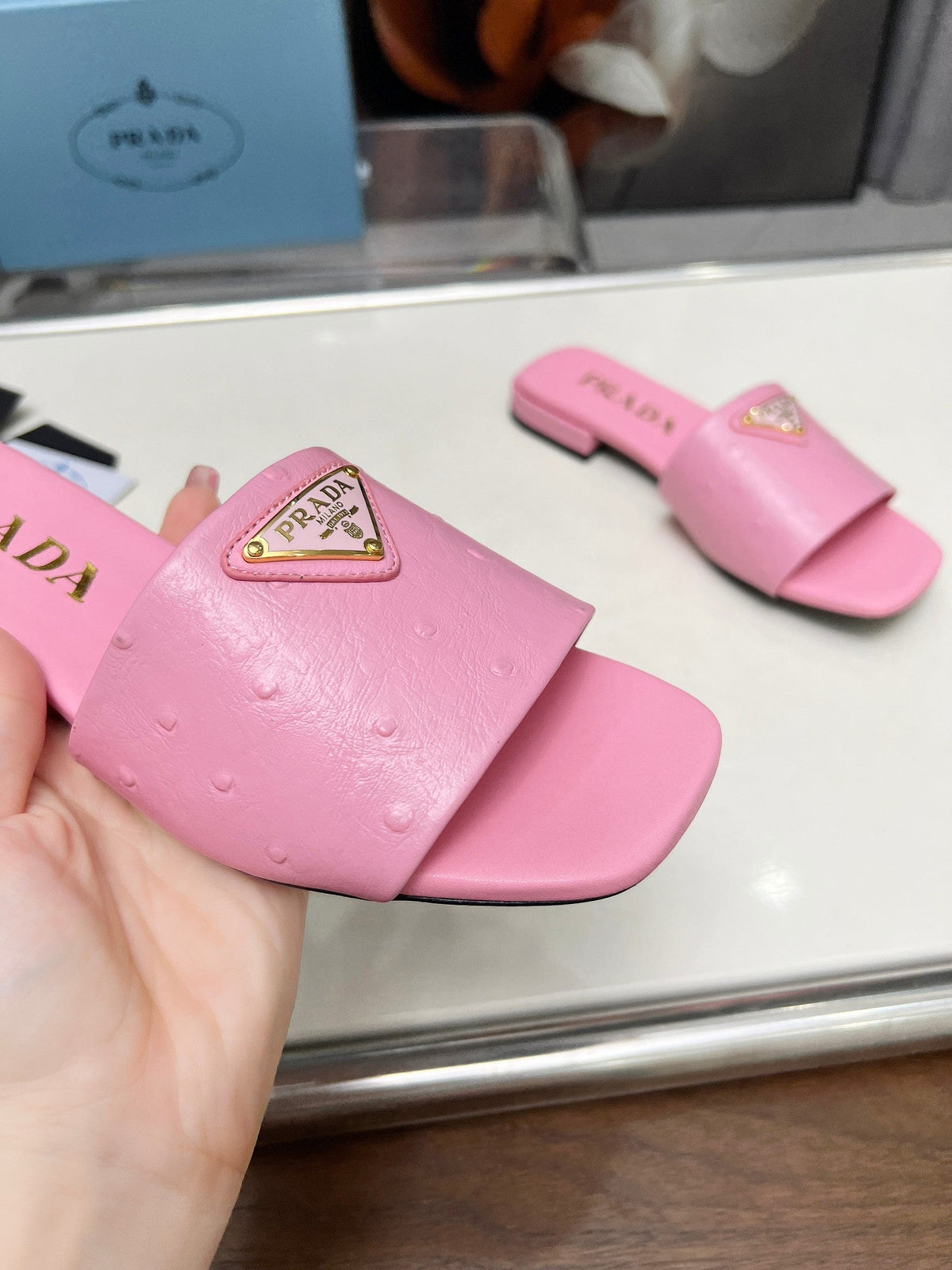 Prada 26s Slide Sandals Pink Ostrich Leather 140499