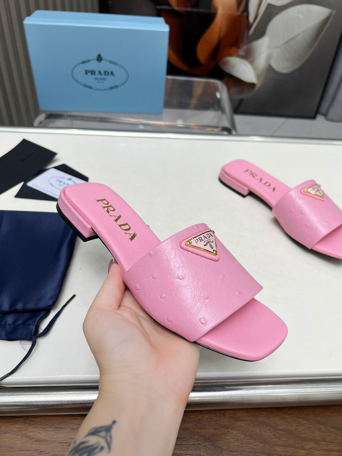 Prada 26s Slide Sandals Pink Ostrich Leather 140499