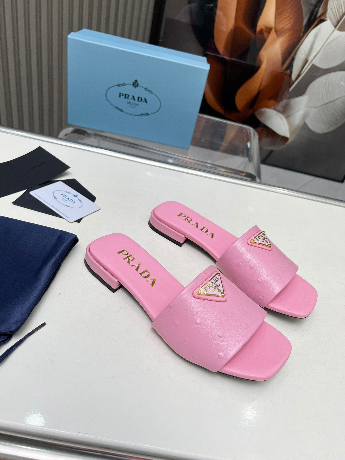 Prada 26s Slide Sandals Pink Ostrich Leather 140499