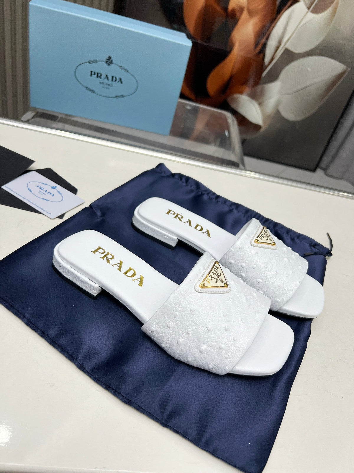 Prada 26s Slide Sandals White Ostrich Leather 140500