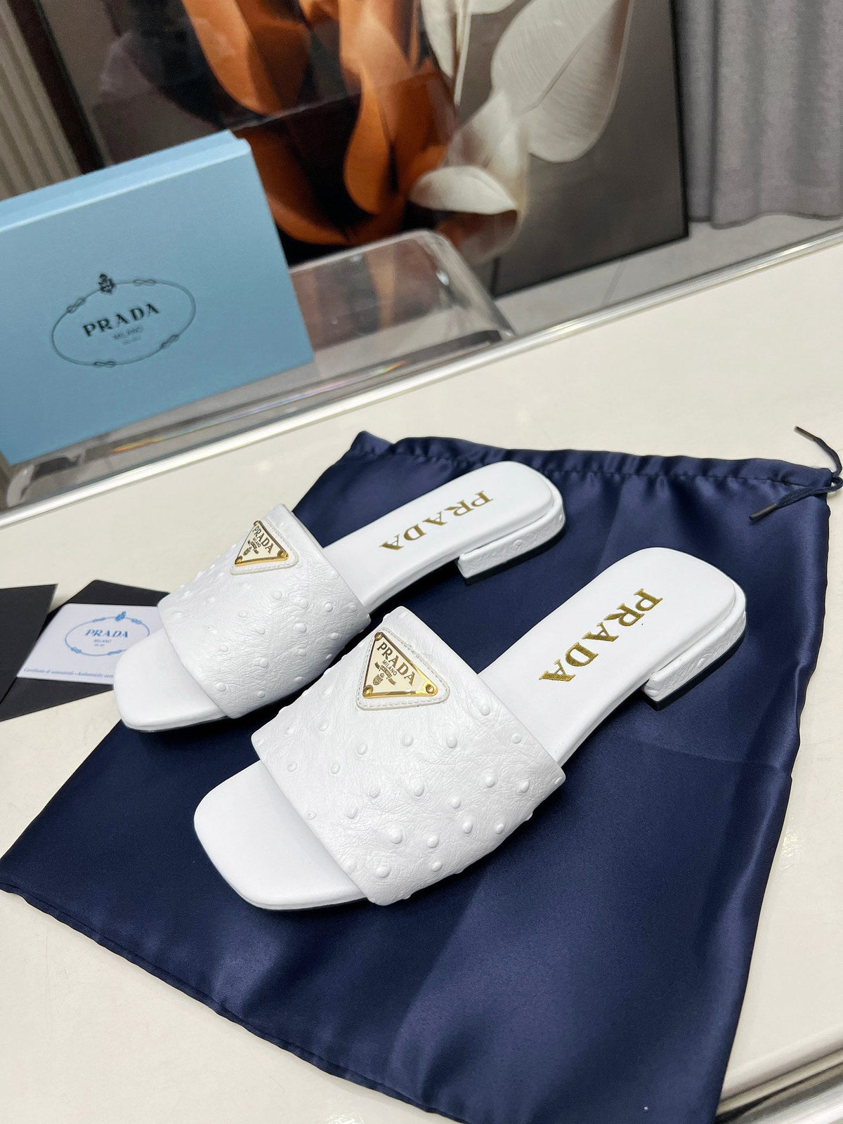 Prada 26s Slide Sandals White Ostrich Leather 140500