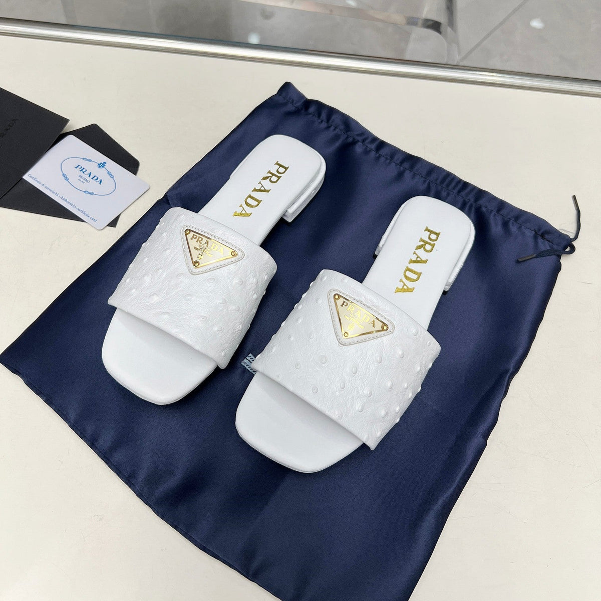 Prada 26s Slide Sandals White Ostrich Leather 140500
