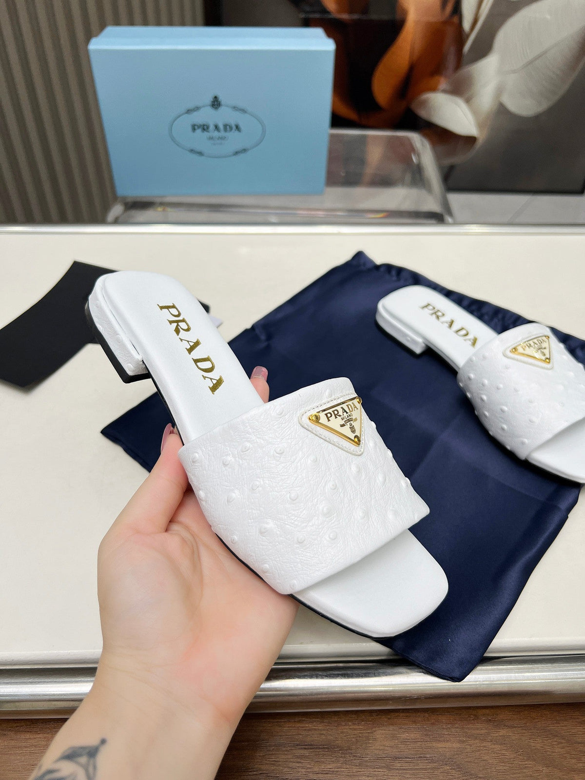 Prada 26s Slide Sandals White Ostrich Leather 140500