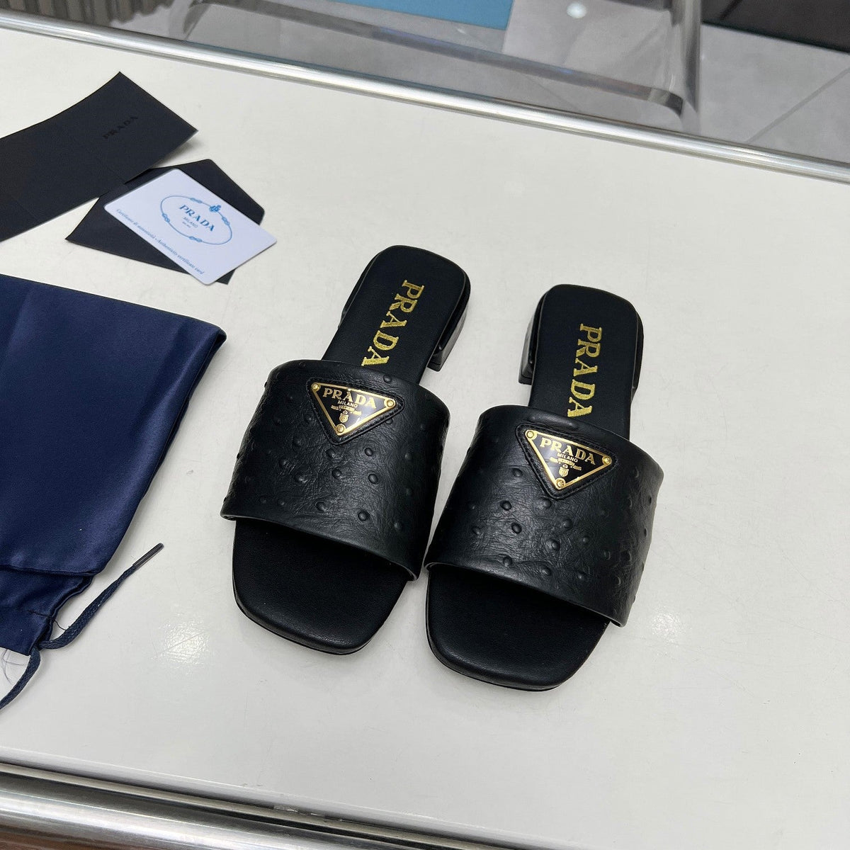 Prada 26s Slide Sandals Black Ostrich Leather 140501