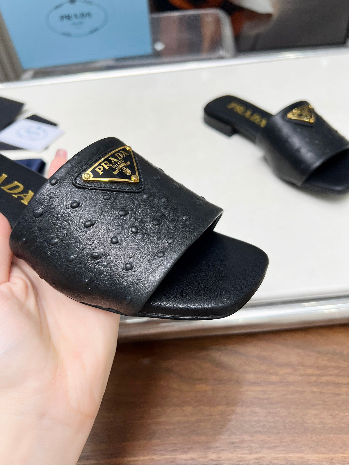 Prada 26s Slide Sandals Black Ostrich Leather 140501