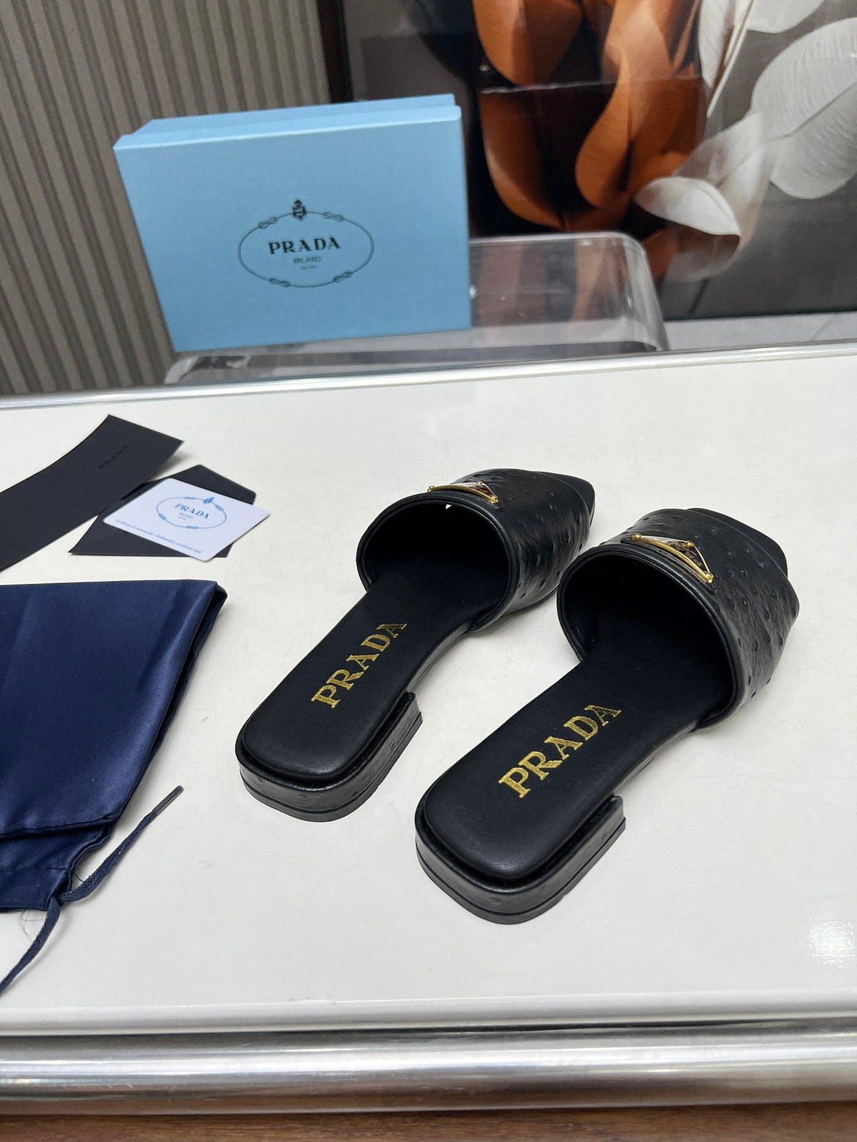Prada 26s Slide Sandals Black Ostrich Leather 140501
