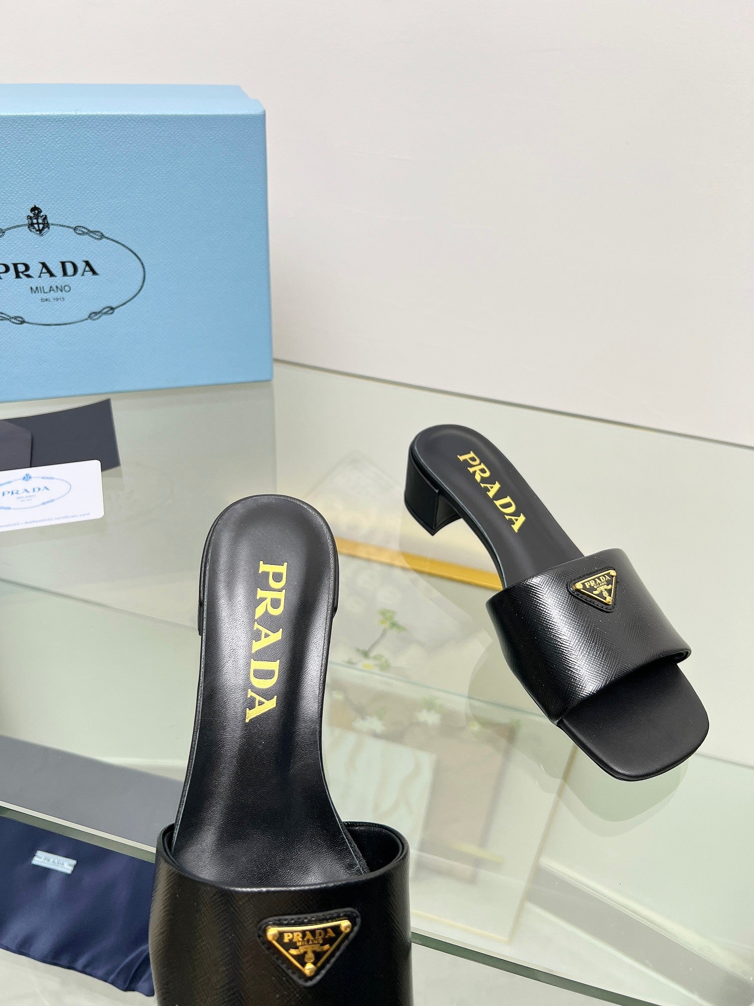 Prada 26s Saffiano Slides 4cm Black Glossy Leather 986628