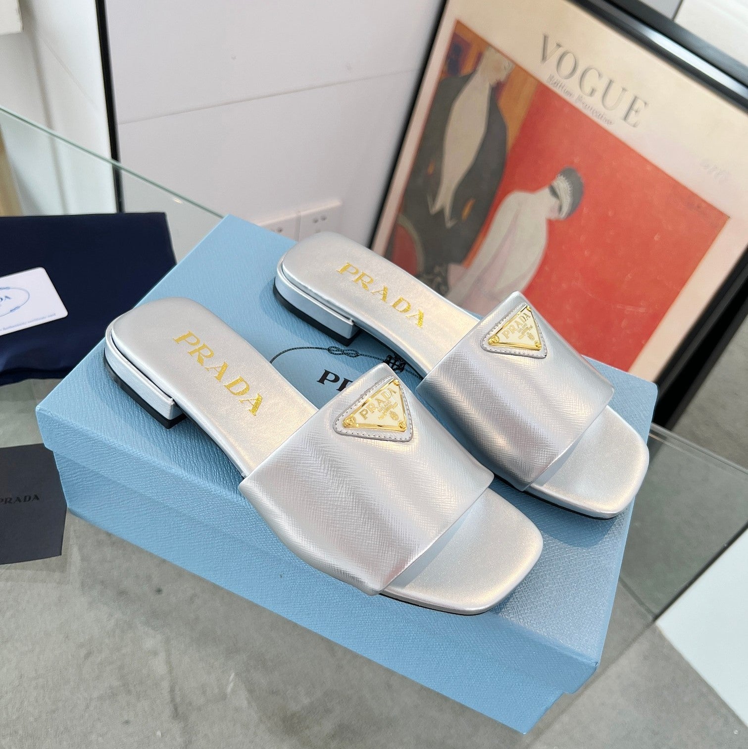 Prada 26s Saffiano Slides 1.5cm Sliver Glossy Leather 986623