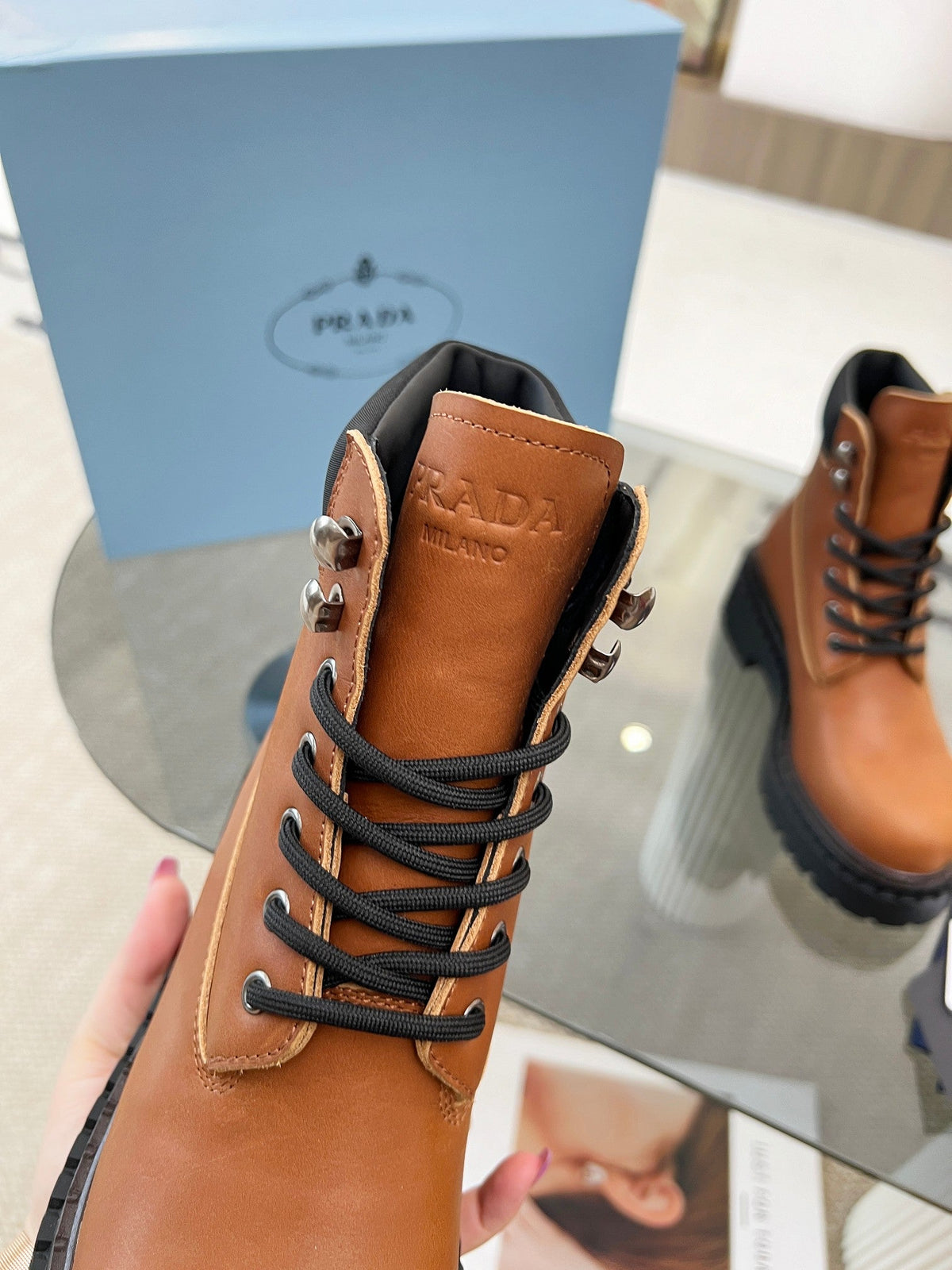 Prada 26s Combat Boots Brown Leather 140470
