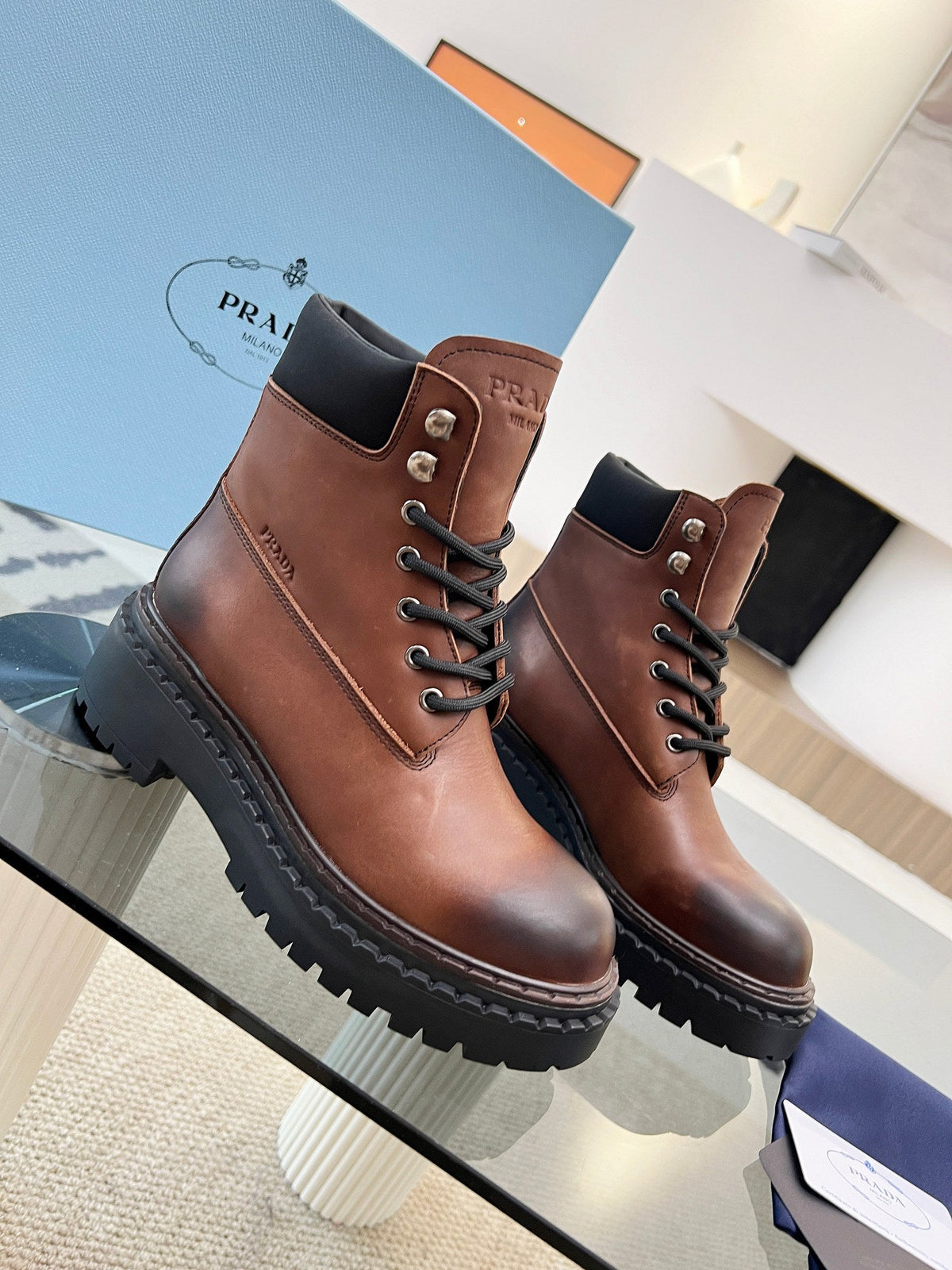 Prada 26s Combat Boots Brown Leather 140470