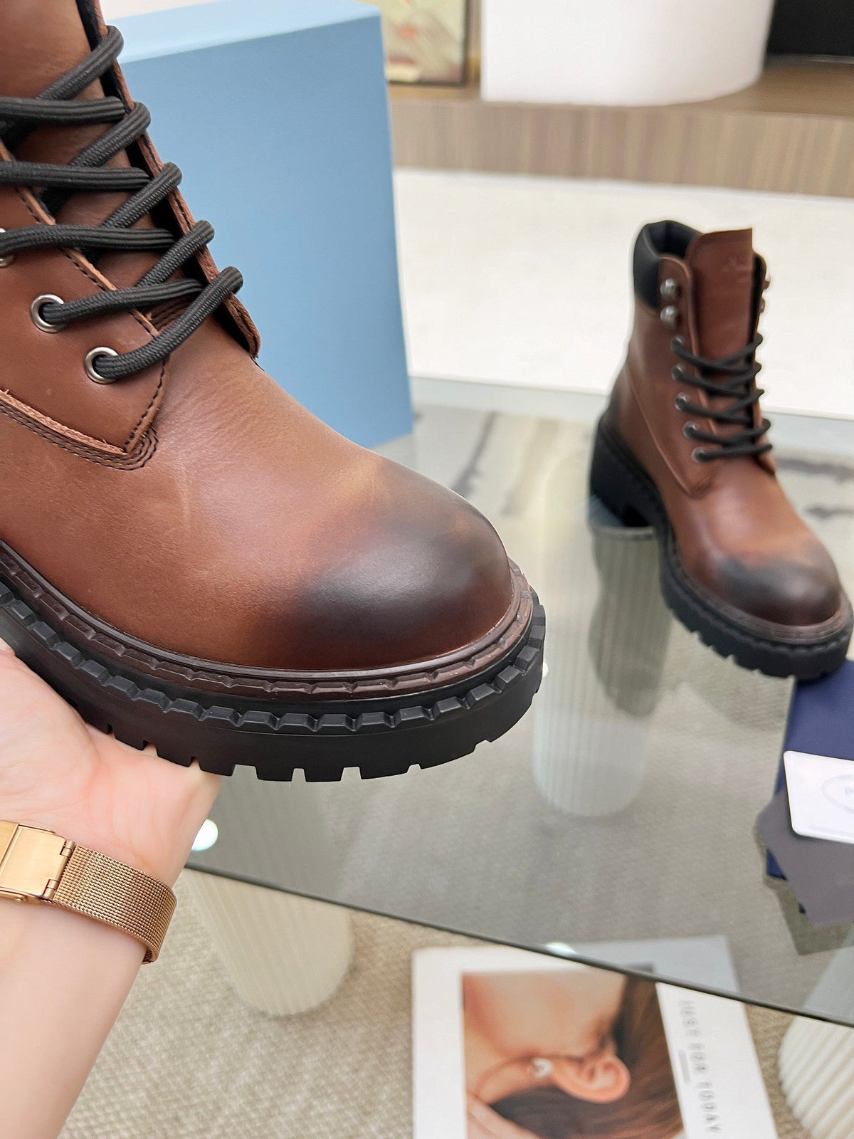 Prada 26s Combat Boots Brown Leather 140470
