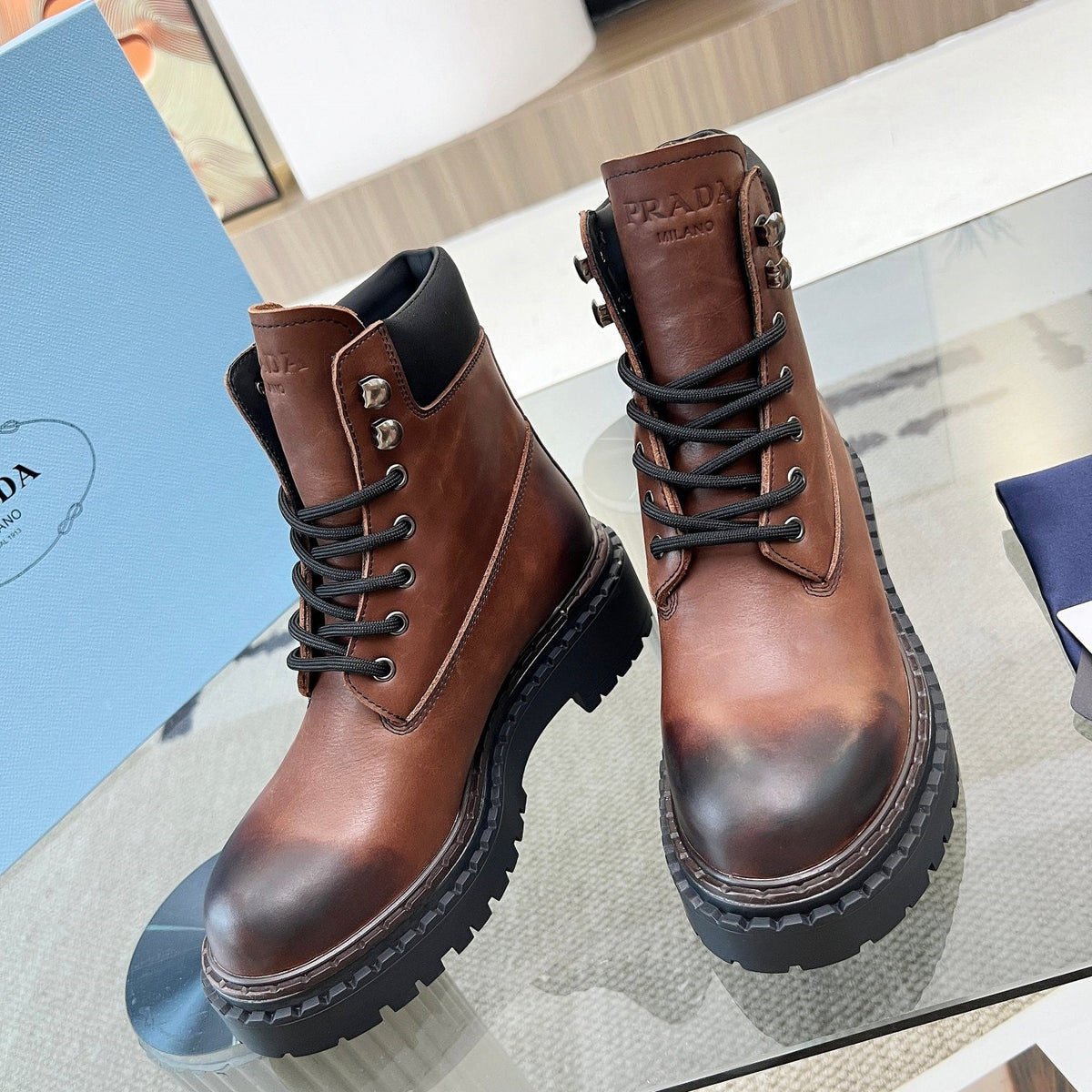 Prada 26s Combat Boots Brown Leather 140470