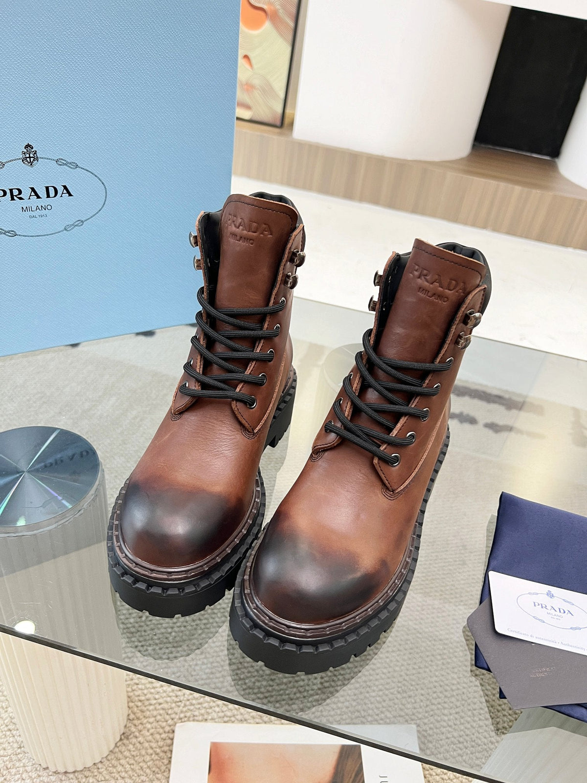Prada 26s Combat Boots Brown Leather 140470