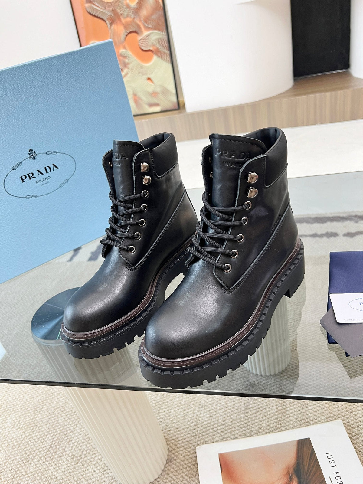 Prada 26s Combat Boots Black Leather 140471